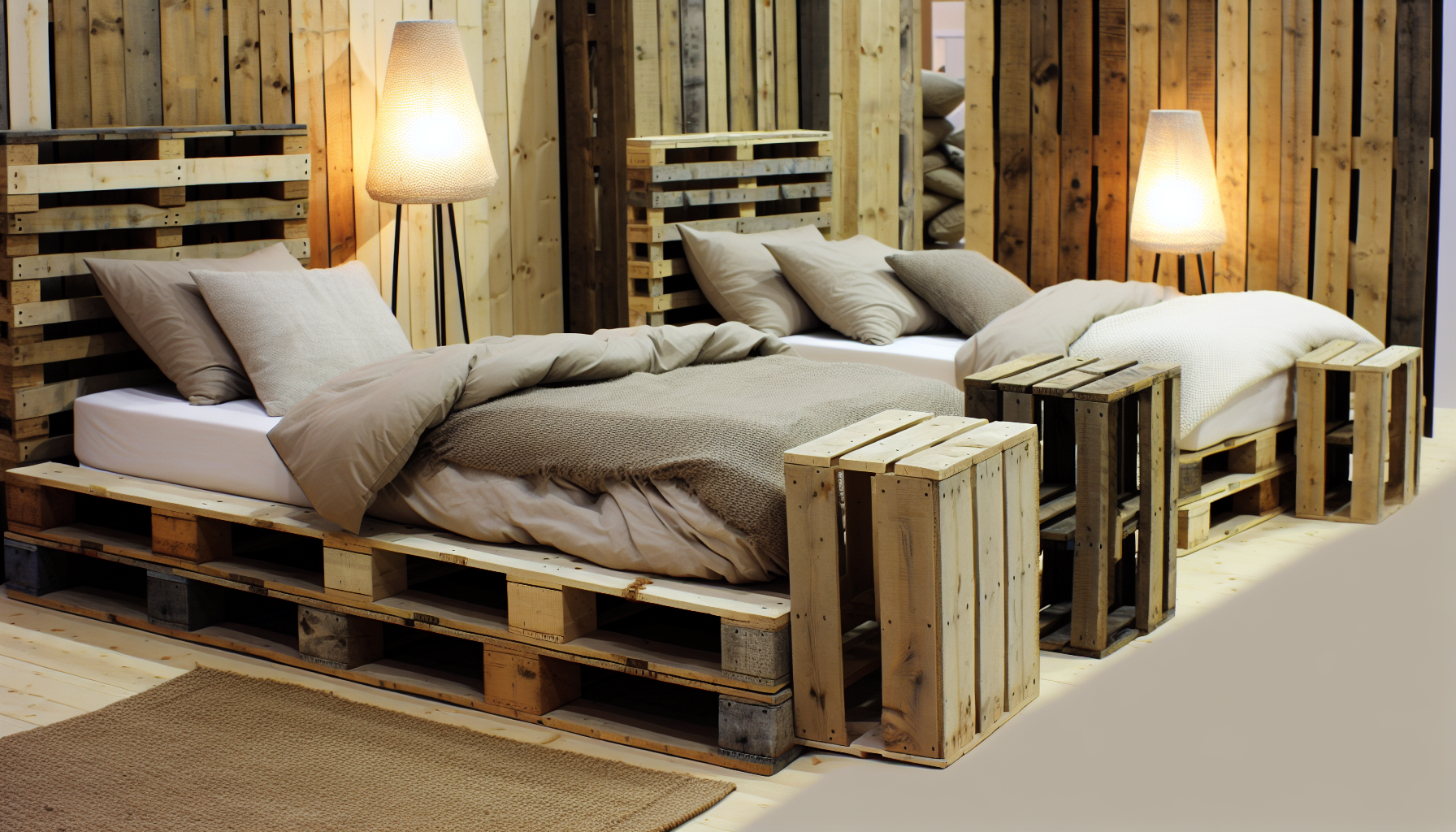 Ein Bild, das einige Palettenbetten in einem gemÃ¼tlichen Raum zeigt. Die Betten sind aus abgenutzten Holzpaletten konstruiert und strahlen einen kreativen und rustikalen Charme aus. Die Oberseite jedes Bettes ist mit bequemer und stilvoller BettwÃ¤sche in neutralen TÃ¶nen geschmÃ¼ckt, die die rustikale Natur der Bettgestelle ergÃ¤nzt. Einfache, minimalistische Nachttische aus denselben Paletten stehen neben jedem Bett und sind mit modernen Nachttischlampen dekoriert, die ein warmes, wohltuendes Licht ausstrahlen. An der Seite liegt ein Teppich aus Naturfasern, der teilweise den Holzboden bedeckt und die GesamtwÃ¤rme und GemÃ¼tlichkeit des Raumes verstÃ¤rkt.