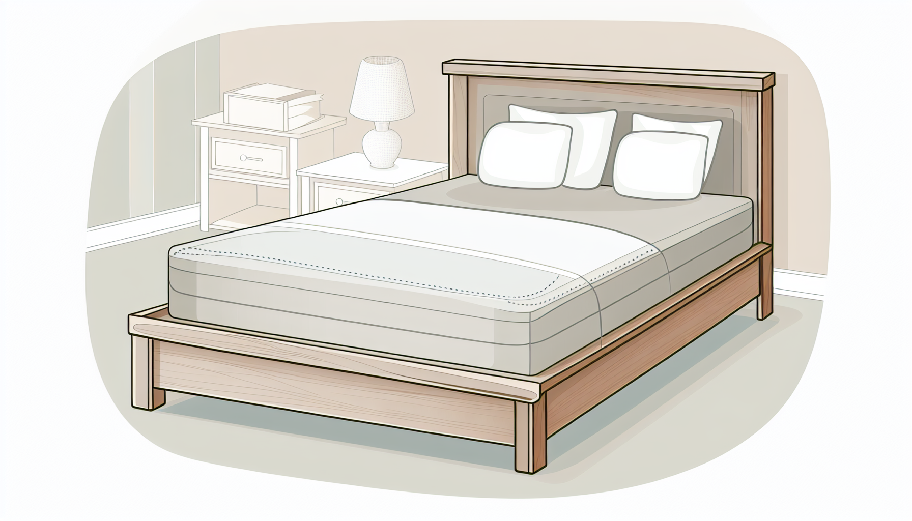 Eine Illustration eines traditionellen Boxspringbettes mit einem Holzgestell. Das Bett ist mit weichen, bequemen Bettlaken bedeckt, und ein passendes Paar flauschiger Kissen ist ordentlich am Kopfende des Bettes platziert. Rund um das Bett ist der Raum in beruhigenden, sanften Farben dekoriert, und ein Nachttisch mit einer Lampe ist neben dem Bett sichtbar.