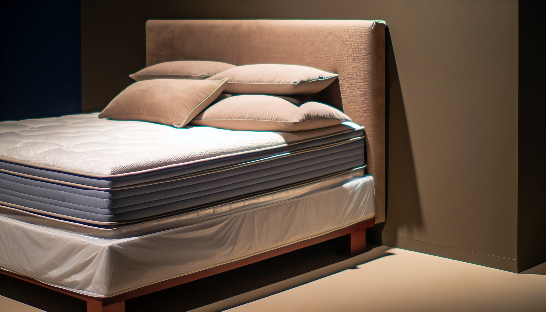 Ein detailliertes Bild eines Boxspringbettes. Das Bett sollte einen stabilen Holzrahmen haben und mit einem glatten, luxuriÃ¶sen Stoff bezogen sein. Es hat eine Matratze, die auf dem Boxspring liegt, beide in passenden SchutzbezÃ¼gen eingeschlossen. Die plÃ¼schigen Kissen und eine gemÃ¼tliche Bettdecke sind ordentlich auf dem Bett arrangiert und verleihen ihm ein einladendes und komfortables Aussehen. Die AtmosphÃ¤re um das Bett herum deutet auf eine ruhige Schlafzimmerumgebung hin, mit gedÃ¤mpftem Licht, das sanfte Schatten auf die umliegenden WÃ¤nde und den Boden wirft.