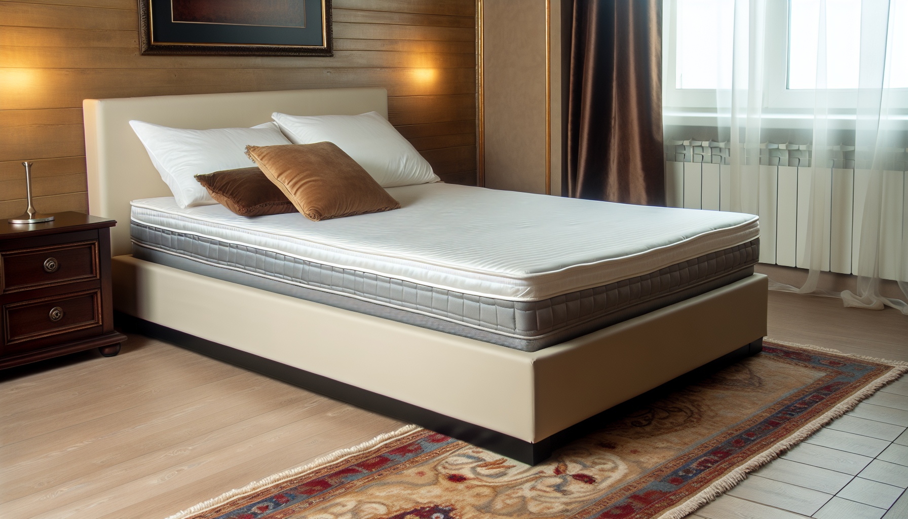 Ein komfortables Boxspringbett befindet sich in einem warm beleuchteten Raum. Das Bett ist mit frischen Bettlaken und flauschigen Kissen ausgestattet, was eine einladende AtmosphÃ¤re schafft. Den Dekor des Raumes betonen der Holzboden, der einen rustikalen Charme verleiht, und ein kunstvoller Teppich unter dem Bett, der einen zusÃ¤tzlichen Hauch von Eleganz bietet. In der NÃ¤he lÃ¤sst ein Fenster natÃ¼rliches Licht herein, das eine ruhige Stimmung erzeugt. Die WÃ¤nde sind mit geschmackvollen Kunstwerken geschmÃ¼ckt, die die GesamtÃ¤sthetik des Raumes ergÃ¤nzen.