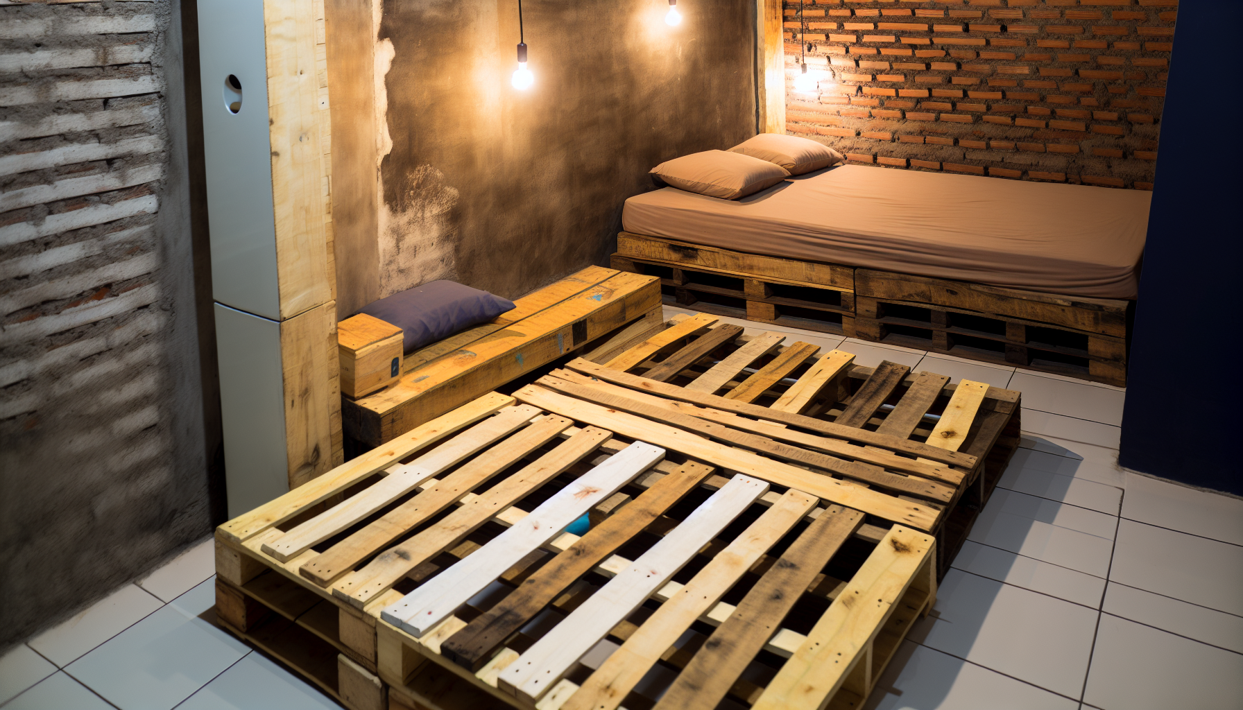 Eine Szene, die den rustikalen Charme von Palettenbetten zeigt. Sie sind aus robusten Holzpaletten gefertigt, die zu einem DIY-Bettgestell umfunktioniert wurden, mit einer einfachen, aber rohen Ã„sthetik. Die Betten sind in einem Schlafzimmer zu sehen, das mit wiederverwendeten Dekorationen, freiliegenden ZiegelwÃ¤nden und modernen Einrichtungen im Kontrast dazu gestaltet ist. Der Raum wird sanft von warmen Ambientelichtern beleuchtet, was ihm eine gemÃ¼tliche AtmosphÃ¤re verleiht.