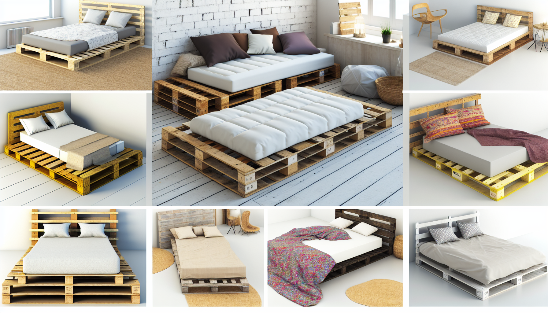 Ein Bild, das eine Vielzahl von Palettenbetten zeigt. Diese ungewÃ¶hnlichen, aber stilvollen Betten aus Holzpaletten sollten eine Reihe von Designs und Anordnungen prÃ¤sentieren. Sie kÃ¶nnten in verschiedenen Raumkontexten platziert sein, wie einem minimalistischen, industriell gestalteten Loft, einer rustikalen Landhauskabine oder einem gemÃ¼tlichen, shabby-chic Schlafzimmer. Die Palettenbetten sollten unterschiedliche Matratzentypen haben, einige mit Federn, andere mit Memory-Schaum und sogar Futonmatratzen. Die BettwÃ¤sche in eklektischen Stilen, die von crisp weiÃŸem Leinen bis hin zu bunten ethnischen Mustern reicht, sollte die Umgebung ergÃ¤nzen.