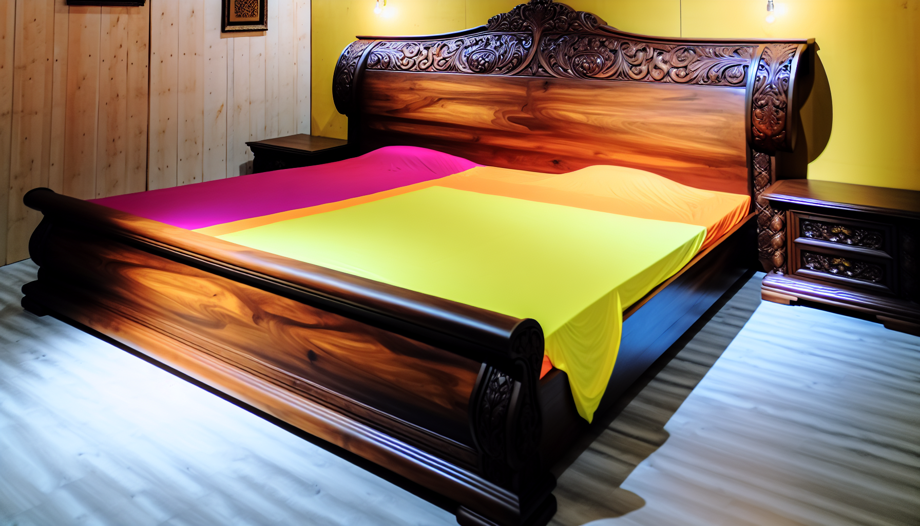 Ein Bild eines massiven Bettes aus massivem Holz. Das Kopfteil ist kunstvoll mit filigranen Designs geschnitzt, die das Handwerk zeigen. Die Farbe des Holzes ist dunkles Walnuss, was ihm ein antikes und luxuriÃ¶ses GefÃ¼hl verleiht. Die BettwÃ¤sche ist hell und farbenfroh, was einen starken Kontrast zum dunklen Holz bildet und sie hervorhebt. Das Bett steht in einem gut beleuchteten Raum mit minimalistischem Dekor, und warmes Licht strahlt auf das majestÃ¤tische Bett.