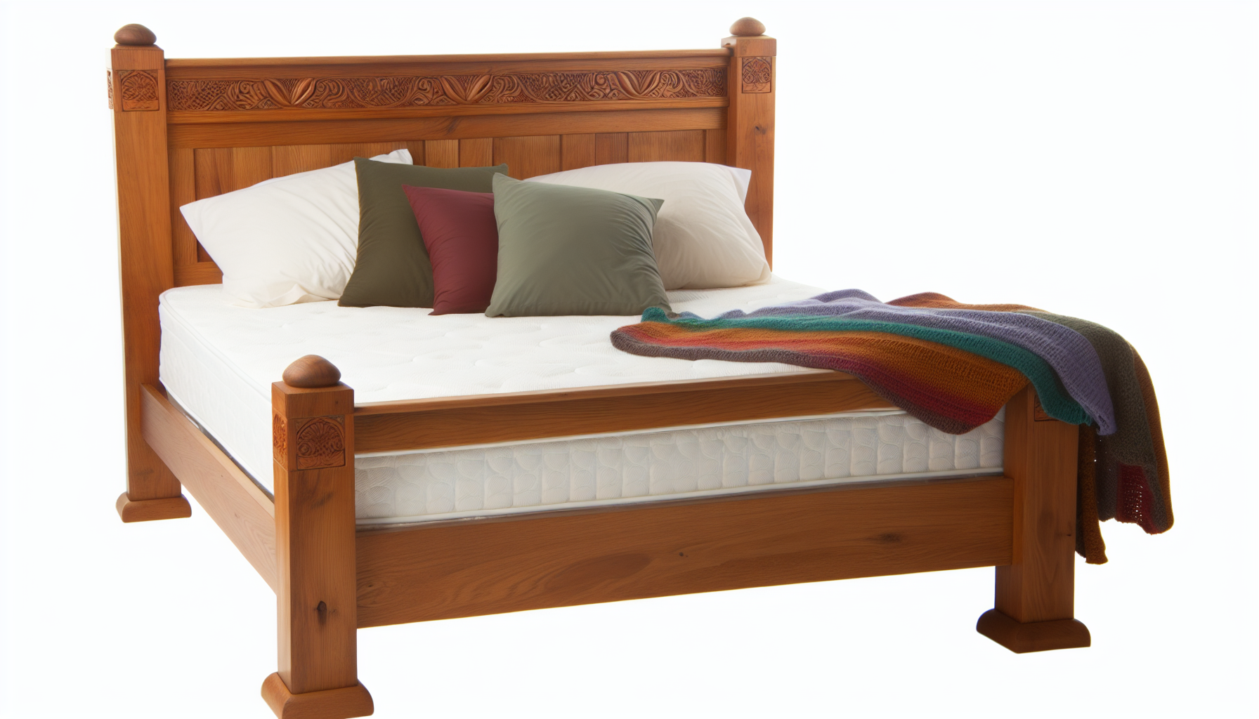 Ein elegantes und robustes Bett aus massivem Holz. Das Bett verfÃ¼gt Ã¼ber kunstvoll geschnitzte Designs an Kopf- und FuÃŸteil, und die lackierte OberflÃ¤che zeigt die natÃ¼rliche Maserung des Holzes. Vier massive Holzbeine stÃ¼tzen das Bett fÃ¼r StabilitÃ¤t und Langlebigkeit. Die Matratze ist plÃ¼schig, schlicht weiÃŸ und mit einer Vielzahl von weichen, bunten Kissen dekoriert. Eine gestrickte Decke liegt lÃ¤ssig Ã¼ber dem FuÃŸende des Bettes. Es strahlt ein gemÃ¼tliches und warmes GefÃ¼hl aus, als wÃ¼rde es dazu einladen, einen erholsamen Schlaf zu genieÃŸen.