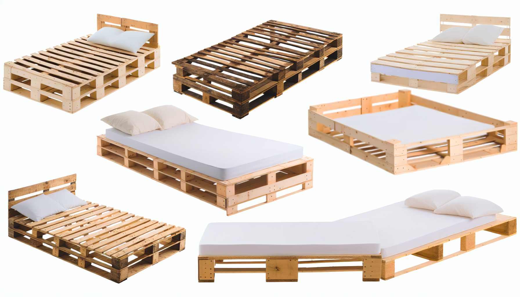 Ein Bild, das eine Vielzahl von Palettenbetten zeigt. Diese handgefertigten, minimalistischen und rustikalen Betten werden aus Kisten oder Holzpaletten gefertigt. Sie werden oft in umweltfreundlichen Designkonzepten verwendet und bringen einen Hauch von Natur ins Zuhause. Sie können in verschiedenen Größen von Einzel- bis Kingsize-Optionen variieren und können auch Merkmale wie integrierten Stauraum, angebaute Nachttische oder maßgefertigte Kopfenden enthalten.