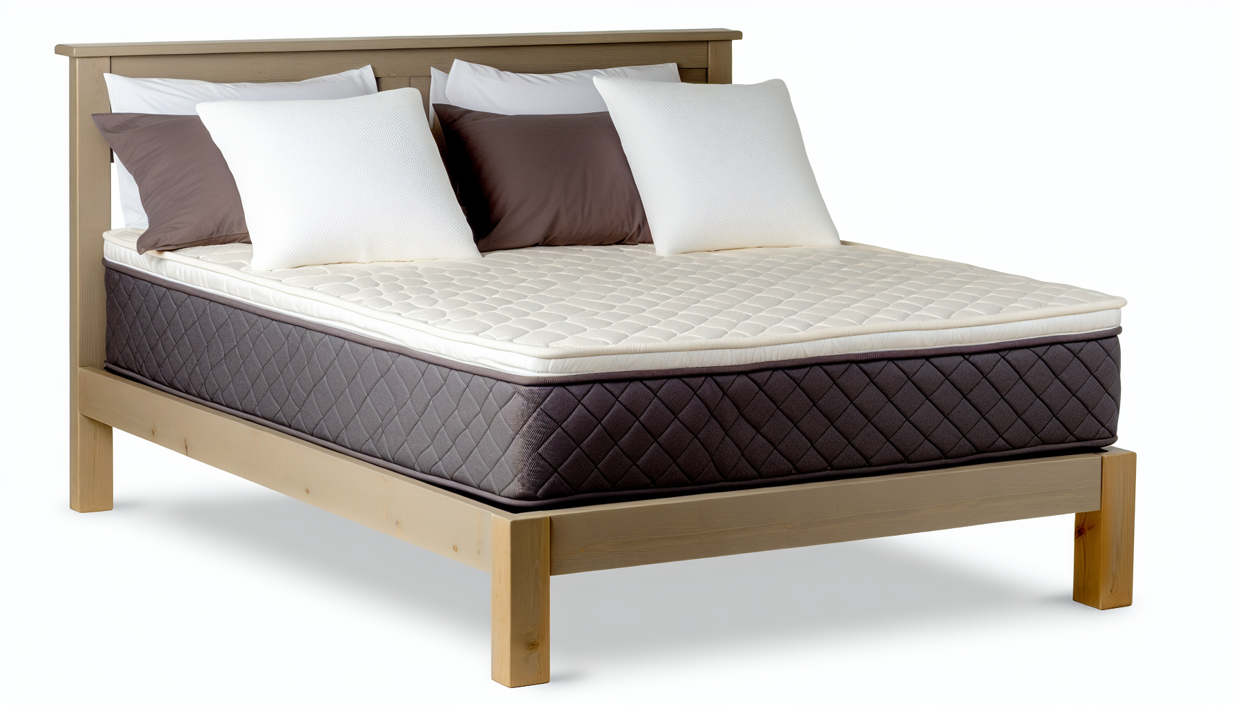Ein komfortables und einladendes Boxspringbett mit einer plÃ¼schigen, gesteppten Matratze. Der Bettrahmen besteht aus robustem Holz, das in einer hellen Farbe gestrichen ist, um einen Kontrast zu einem dunkleren BettwÃ¤sche-Set zu schaffen. WeiÃŸe Kissen stehen im Kontrast zu den dunklen Laken und einer gemÃ¼tlichen Bettdecke. Das Bett befindet sich in einer typischen, beruhigenden Schlafzimmerumgebung. Auf jeder Seite des Bettes stehen einfache HolznachtkÃ¤stchen, die jeweils eine minimalistische Lampe fÃ¼r nÃ¤chtliches Lesen haben.