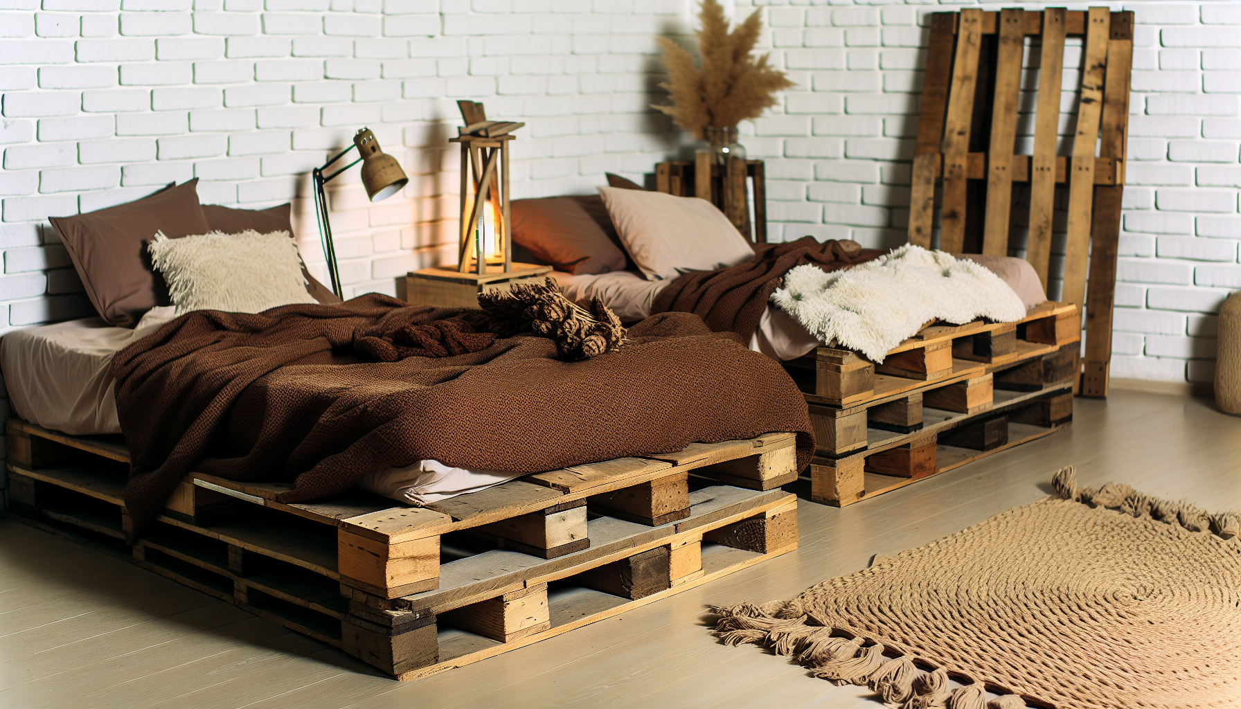 Eine rustikale Szene mit Palettenbetten. Stellen Sie sich ein gemütliches Schlafzimmer vor, in dem zwei Betten aus wiederverwendeten Holzpaletten stehen. Die Betten sind mit dicken, warmen Decken und flauschigen Kissen geschmückt. Der Raum hat eine weiß getünchte Backsteinwand im Hintergrund, die die reichen, warmen Farbtöne der Holzpalettenbetten zur Geltung bringt. Zusätzliche Elemente, die dem Raum einen einzigartigen Charme verleihen, könnten ein geflochtener Teppich auf dem Boden, ein Paar vintage Leselampen neben den Betten und ein kunstvoll arrangierter Strauß getrockneter Blumen auf der Fensterbank sein.