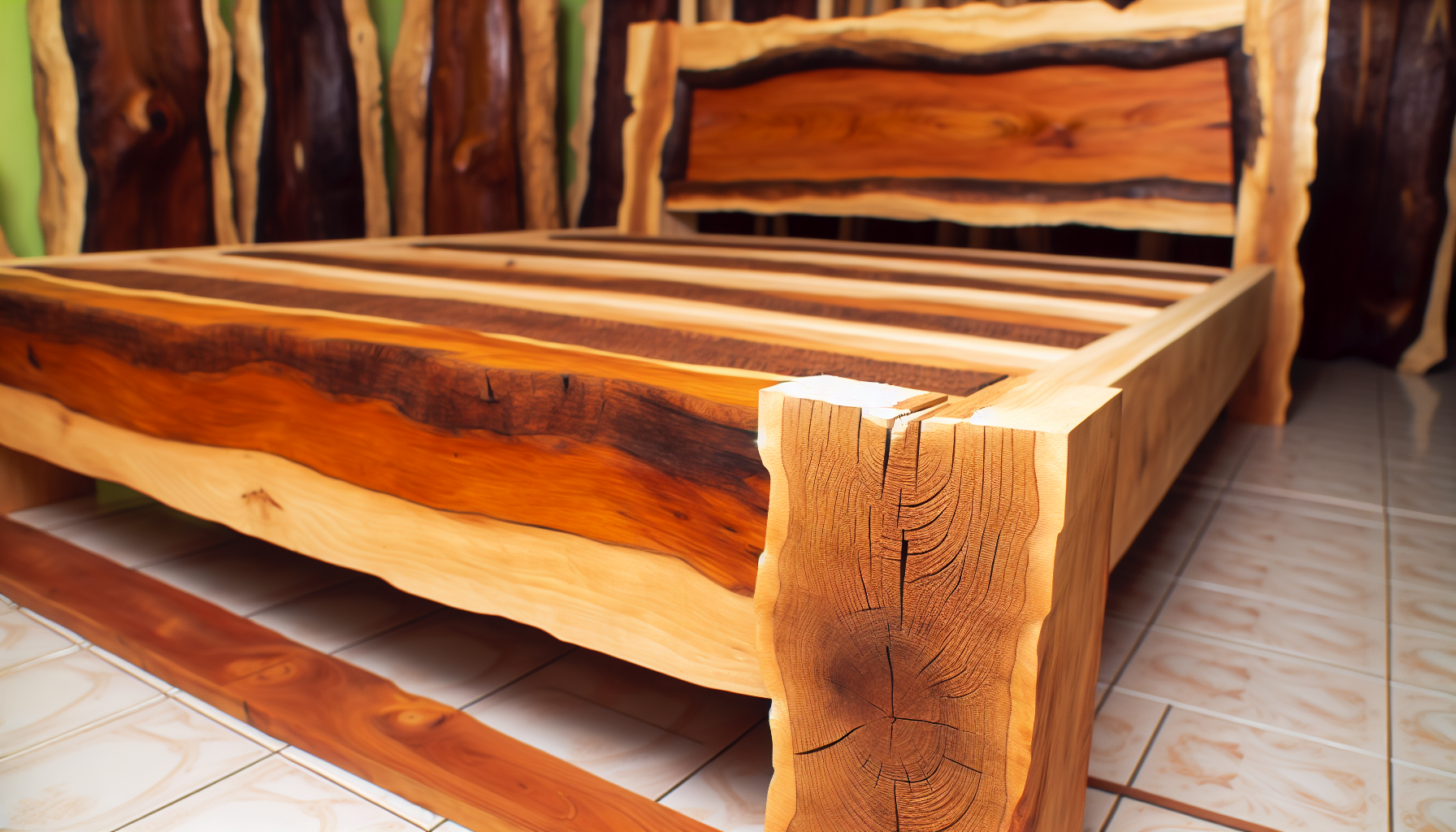 Ein groÃŸes, rustikales Bett aus massivem Holz. Die Konstruktion ist robust und handgefertigt mit Liebe zum Detail. Jedes StÃ¼ck des Bettgestells weist einzigartige Maserungen auf, die den natÃ¼rlichen Charakter des Holzes zeigen. Das Bett wird durch ein hohes Kopfteil ergÃ¤nzt, das eine wunderschÃ¶ne Tischlerarbeit zur Schau stellt. Die AtmosphÃ¤re rund um das Bett ist warm und einladend und vermittelt ein GefÃ¼hl von Ruhe und natÃ¼rlichem Charme.