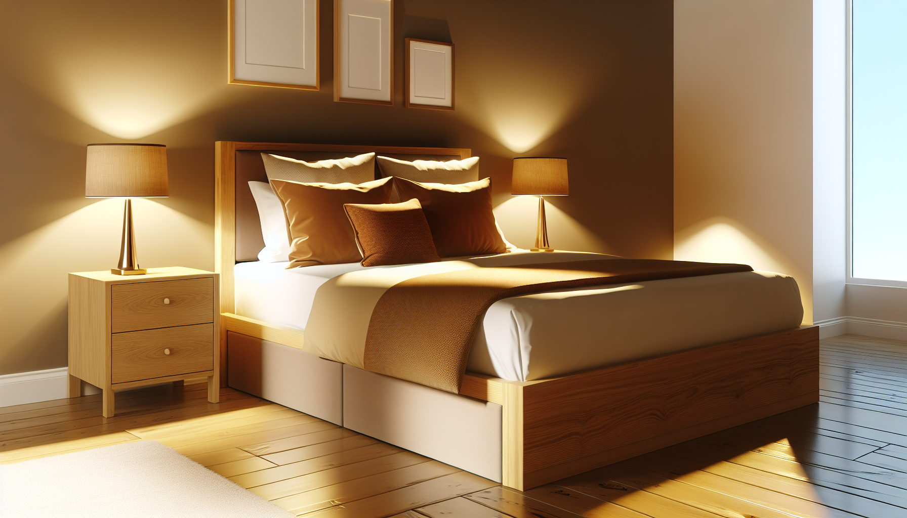 Ein Bild, das ein Boxspringbett in einem warm beleuchteten Schlafzimmer zeigt. Das Bett steht prominent in der Mitte des Bildes, schÃ¶n gemacht mit einer bequemen Bettdecke und mehreren gemÃ¼tlichen Kissen. Auf beiden Seiten steht ein Holznachttisch, auf dem jeweils eine trendige Tischlampe steht, die sanfte Schatten im Raum wirft. Die WÃ¤nde sind mit geschmackvoll gerahmten Kunstwerken geschmÃ¼ckt. Der Raum hat ein einladendes, gemÃ¼tliches Aussehen, perfekt gestaltet fÃ¼r Ruhe und Entspannung.