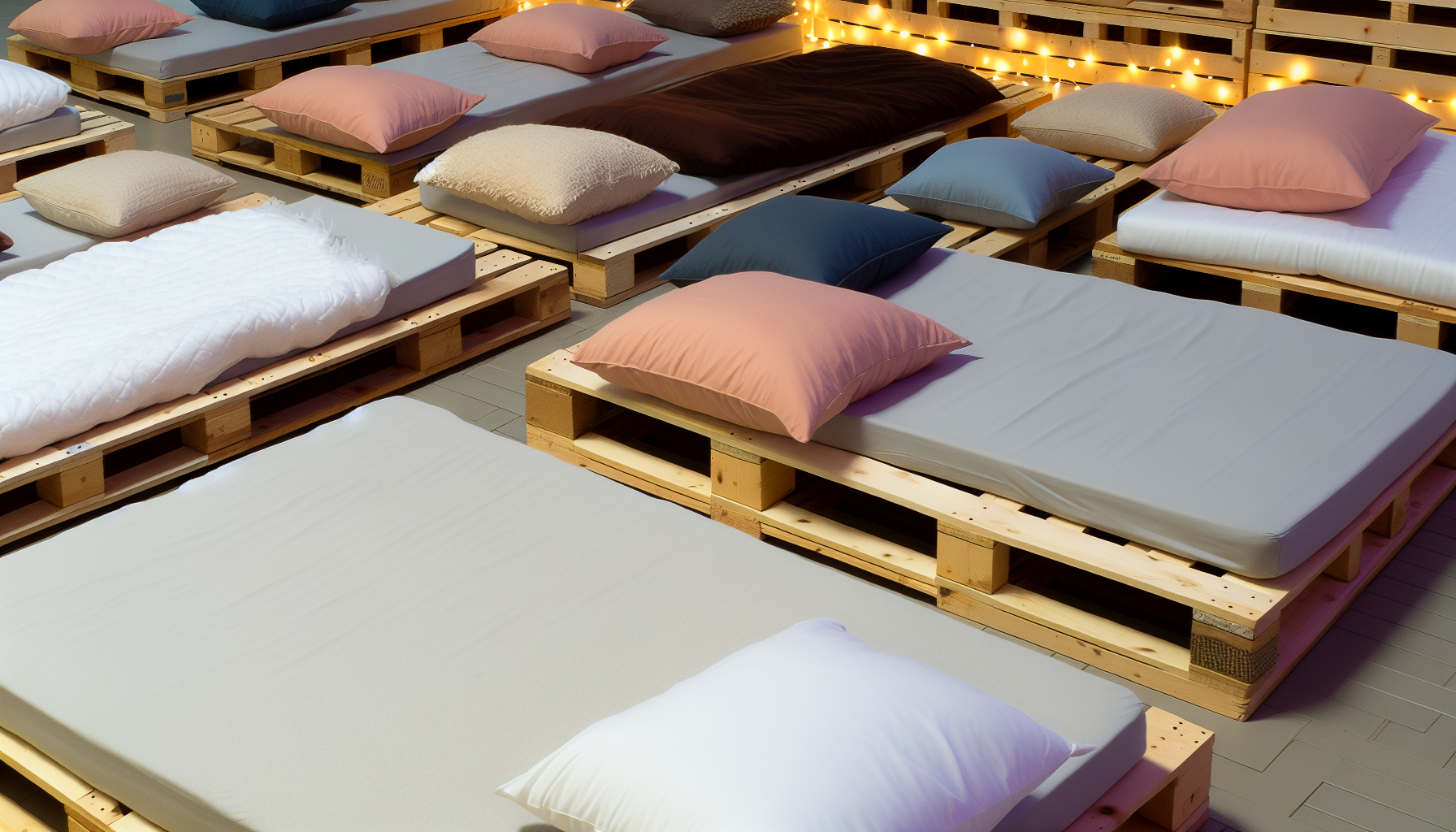 Eine Szene, die eine Reihe von Palettenbetten zeigt, die ordentlich in einem gemÃ¼tlichen Raum angeordnet sind. Die Holzpalettenrahmen sind mit sanft leuchtenden Lichtern geschmÃ¼ckt. Bequeme Matratzen liegen auf jeder Palette, geschmÃ¼ckt mit flauschigen Kissen und gemÃ¼tlichen Decken in verschiedenen Farben.