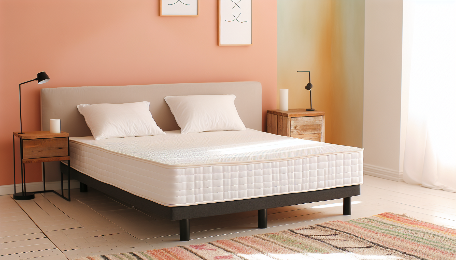 Ein Bild eines Boxspringbettes, das in einem modernen und sauberen Schlafzimmer mit warmem Licht platziert ist. Das Bett ist ordentlich mit frischen weiÃŸen Bettlaken und flauschigen Kissen gemacht. Es steht vor einer pastellfarbenen Wand, an der einige minimalistische Kunstwerke hÃ¤ngen. Ein rustikaler Holznachttisch mit einer kleinen Leselampe steht auf einer Seite des Bettes. Ein plÃ¼schiger, gemusterter Teppich liegt auf dem Holzboden des Raumes und verleiht der gesamten Einrichtung eine gemÃ¼tliche Note.