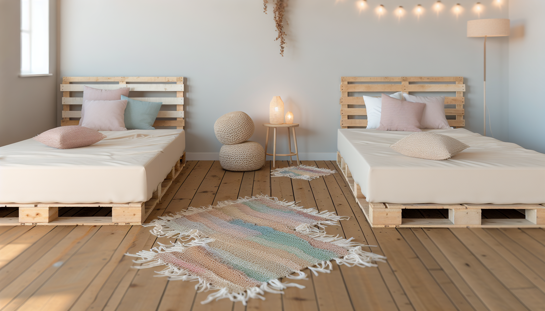 Visualisieren Sie eine ruhige und gemÃ¼tliche Schlafzimmer-Szene mit zwei nebeneinander angeordneten Palettenbetten. FÃ¼gen Sie einen Hauch von rustikalem Charme hinzu mit hellen, wiederverwendeten Holzpaletten, die als Bettgestelle dienen. Darauf liegen cremefarbene, weiche Matratzen, die mit verstreuten dekorativen Kissen in Pastellfarben geschmÃ¼ckt sind. Ein handgeknÃ¼pfter Teppich in erdigen TÃ¶nen liegt auf dem Holzboden und verleiht dem Raum ein GefÃ¼hl von WÃ¤rme und GemÃ¼tlichkeit. Garnieren Sie die AtmosphÃ¤re mit einer Lichterkette, die locker entlang der Wand hÃ¤ngt, und sanften, gedimmten Nachttischlampen, die ein einladendes Licht ausstrahlen.