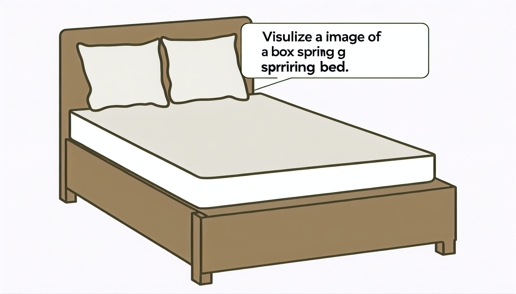 Stellen Sie sich ein Bild eines Boxspringbettes vor. Das Bett sollte ordentlich und gut gemacht sein, mit einem stabilen, schön gestalteten Rahmen. Die Matratze sollte plüschig und einladend sein, und die Bettlaken sollten straff gezogen sein, mit sauberen, bequemen Kissen, die am Kopfende angeordnet sind. Die Farbpalette sollte neutral und beruhigend sein.