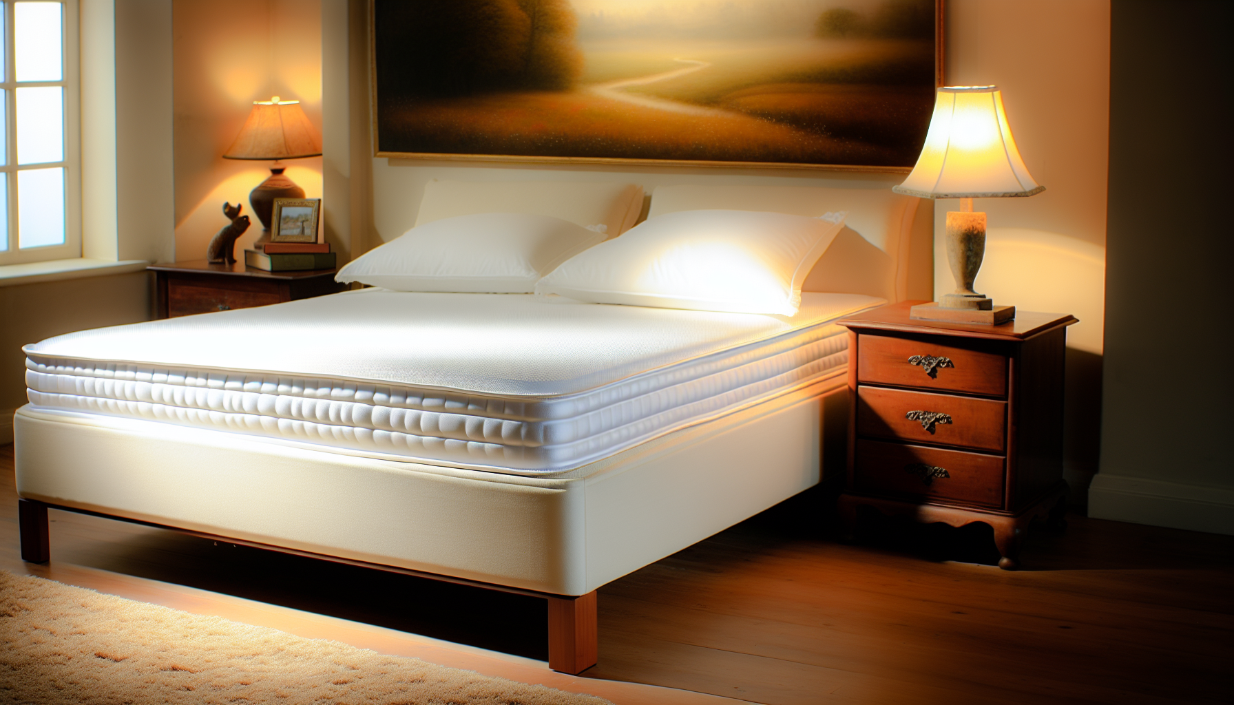 Eine gemütliche und warme Schlafzimmer-Szene mit einem Boxspringbett. Das Bett ist groß und bequem, geschmückt mit frischen weißen Bettlaken und flauschigen Kissen. Ein sanftes Licht durchdringt den Raum und schafft eine Atmosphäre der Ruhe und entspannten Gelassenheit. Neben dem Bett steht ein hölzerner Nachttisch, der eine kleine antike Lampe präsentiert, die ein sanftes Licht ausstrahlt. An der Wand hinter dem Bett trägt ein großes ländliches Gemälde zur insgesamt friedlichen Stimmung bei. Der Boden ist aus Holz und mit einem weichen Teppich unter dem Bett ausgelegt. Die Dekoration des Raumes ist eine harmonische Mischung aus zeitgenössischer Eleganz und heimeligem Komfort.