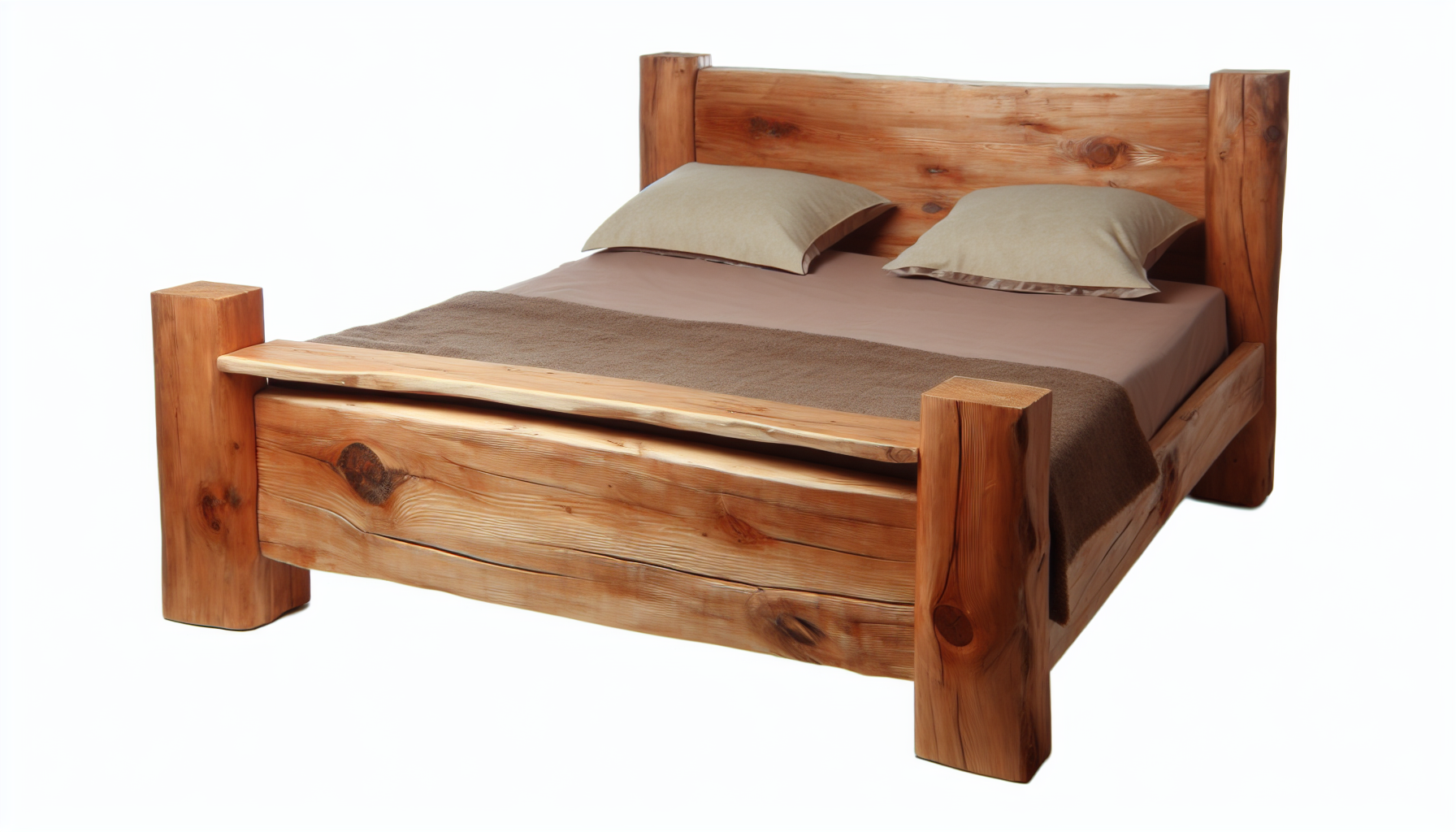 Ein Bett aus massivem Holz ist das HerzstÃ¼ck des Bildes. Es sollte rustikal im Design sein, mit sichtbaren natÃ¼rlichen Maserungen und Ã„sten in den Balken. Der Bettrahmen ist stabil und hat die typische GrÃ¶ÃŸe eines Doppelbettes, mit einem massiven Kopf- und FuÃŸteil, was es zu einem schlichten MÃ¶belstÃ¼ck macht. Das Bett ist mit weicher BettwÃ¤sche in neutralen Farben geschmÃ¼ckt, um die reichen Holztonen zu ergÃ¤nzen. Versuchen Sie, ein GefÃ¼hl von Naturalismus und Einfachheit in einer angenehm einladenden Schlafzimmer-Szene zu vermitteln.