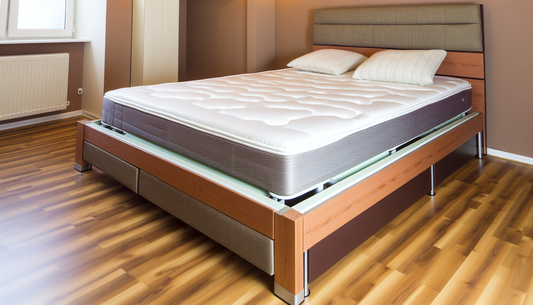 Ein komfortables und groÃŸes Boxspringbett in einem gerÃ¤umigen Schlafzimmer. Der Bettgestell ist robust, aus poliertem Holz gefertigt und hat eine obere Schicht aus Boxspring fÃ¼r zusÃ¤tzlichen Komfort. Das Bett ist mit einer weichen Bettdecke und plÃ¼schigen Kissen bedeckt. Der Raum hat einen Holzboden und wird gut von natÃ¼rlichem Licht erhellt, das durch das angrenzende Fenster strÃ¶mt. Die Wandfarbe ergÃ¤nzt die Ã„sthetik des Bettes und schafft eine gemÃ¼tliche und einladende Schlafumgebung.