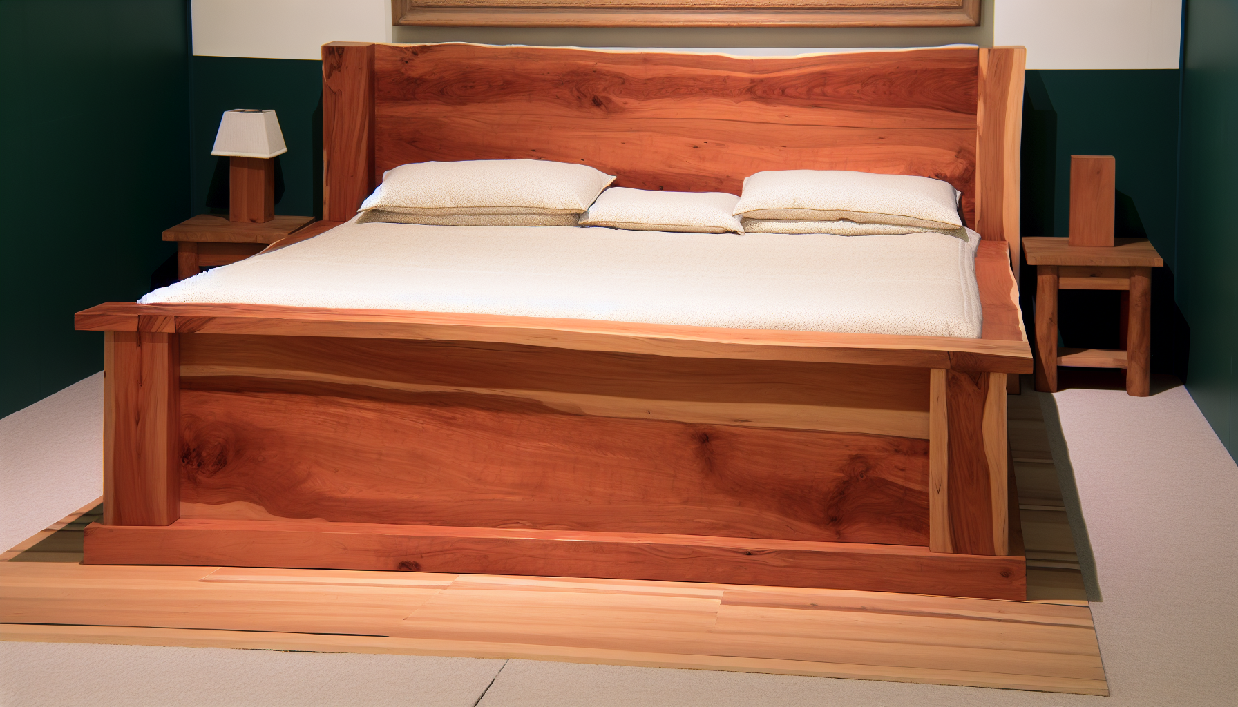 Ein groÃŸes, prÃ¤chtiges Bett aus massivem Hartholz. Die Konstruktion zeigt die natÃ¼rliche Maserung und die glatte OberflÃ¤che des Holzes. Es strahlt eine Aura von Einfachheit und Eleganz aus. Das Kopfteil ist hoch und kunstvoll geschnitzt, was die traditionellen Holzverarbeitungstechniken widerspiegelt. Wenn man auf dem Bett sitzt, kann man fast den Handwerker sehen, der sorgfÃ¤ltig arbeitet, meiÃŸelt und schleift, um dieses Meisterwerk zu schaffen. Das Bett ist mit einem bequemen, Ã¼ppigen BettwÃ¤sche-Set geschmÃ¼ckt, das die reiche Farbe des Holzes ergÃ¤nzt. Dieses Bett dient nicht nur als Ort zum Ausruhen, sondern auch als Statement-StÃ¼ck in einem gerÃ¤umigen, gut ausgestatteten Schlafzimmer.