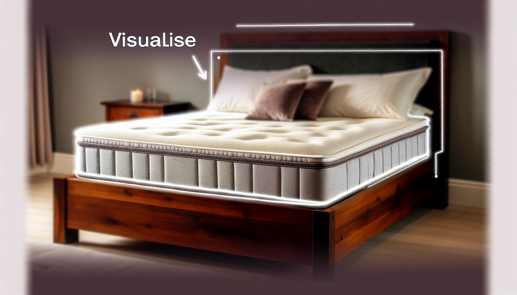 Stellen Sie sich ein großes, komfortables Boxspringbett mit einem stabilen Holzrahmen und einer plüschigen, sorgfältig genähten Matratze vor. Das Bett ist mit einer weichen, warmen Decke und flauschigen Kissen am Kopfende bedeckt. Die Szene spielt in einem geschmackvoll eingerichteten Schlafzimmer mit gedämpfter Beleuchtung, die eine Atmosphäre der Ruhe und Entspannung vermittelt.