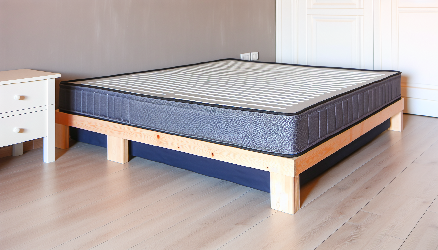 Ein Boxspringbett, das typischerweise als Basis fÃ¼r eine Matratze verwendet wird. Das Bett hat einen stabilen Holzrahmen, der mit einem strapazierfÃ¤higen Stoff bezogen ist. Es ist so konzipiert, dass es StÃ¶ÃŸe absorbiert und den VerschleiÃŸ der Matratze reduziert. Achten Sie auf Merkmale wie ein festes Deck, um die Matratze zu stÃ¼tzen, und eine Boxspring, die fÃ¼r Federung sorgt. Der Bettrahmen hat ein schlichtes, funktionales Design. Der Raum um das Bett hat ein minimalistisches Design mit neutralen FarbtÃ¶nen.