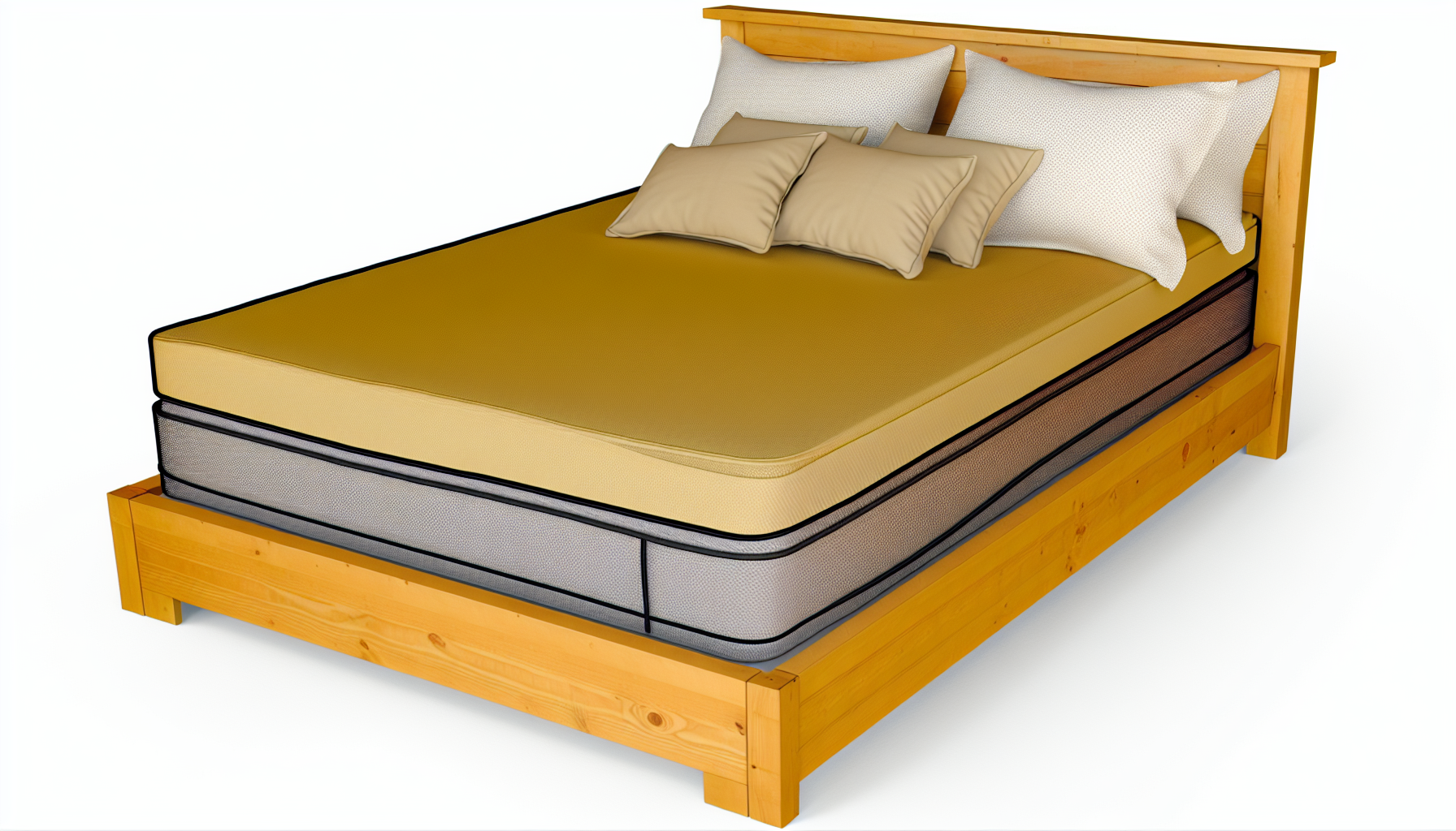 Stellen Sie sich ein Boxspringbett vor. Es handelt sich um eine Art Bett, das hÃ¤ufig in modernen InnenrÃ¤umen verwendet wird. Das Bett hat einen stabilen Holzrahmen und eine Boxspringbasis, die dazu dient, StÃ¶ÃŸe zu absorbieren und den VerschleiÃŸ der Matratze zu reduzieren. Die auf der Boxspringbasis liegende Matratze ist dick und bequem, bereit, eine gute Nachtruhe zu bieten. Ein Set aus weicher, kissenreicher BettwÃ¤sche ist elegant darauf ausgebreitet.