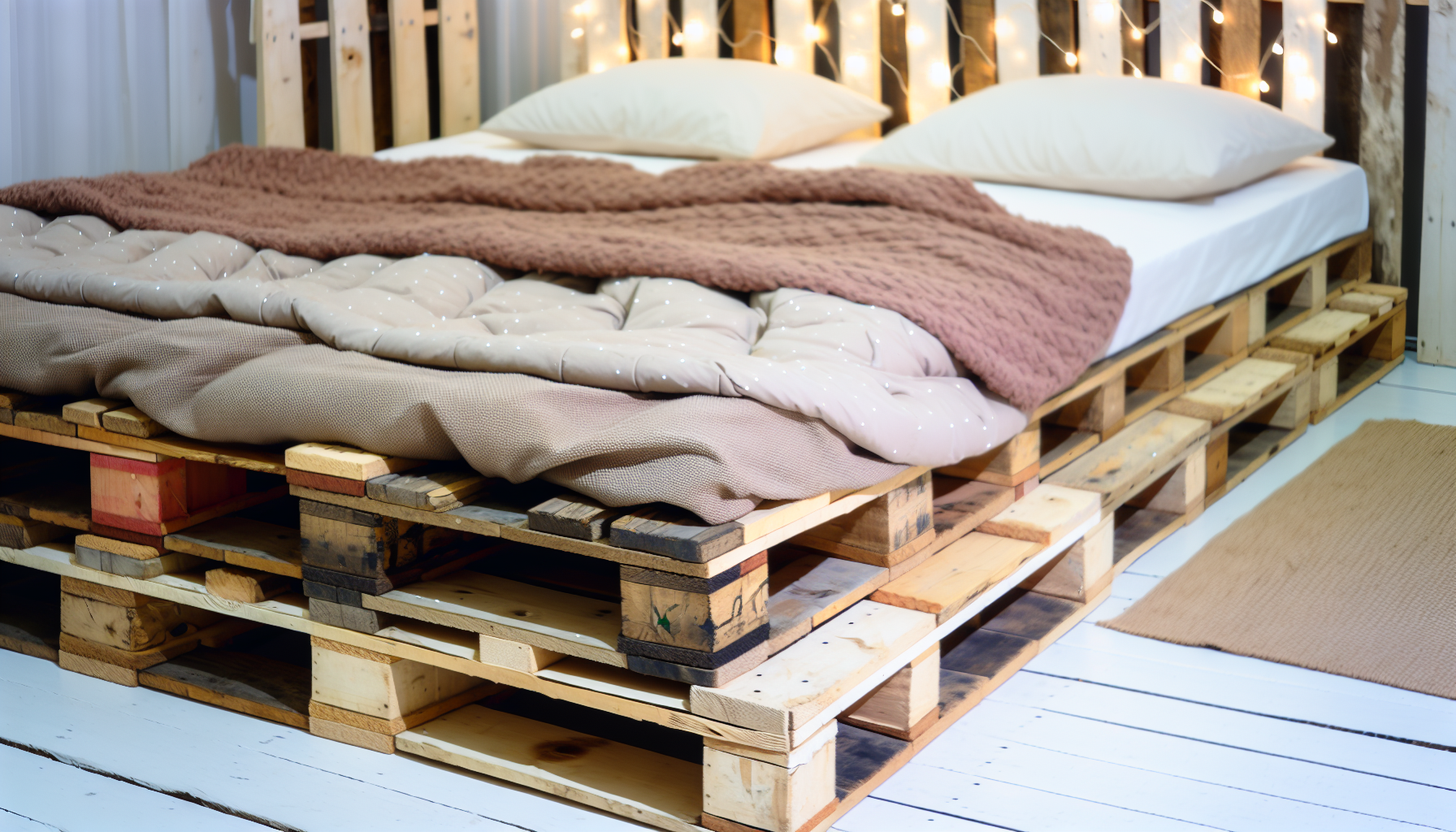 Ein Bild, das eine gemütliche und rustikale Szene mit Palettenbetten zeigt, die ordentlich in einem Raum angeordnet sind und mit bequemen und warm aussehenden Materialien dekoriert sind. Jedes Bett besteht aus recycelten Holzpaletten, die gestapelt wurden, um eine robuste Schlafzimmermöbel zu bilden. Die Auffälligkeit des abgenutzten, wiederverwendeten Holzes vermittelt eine gewisse DIY-Ästhetik. Möglicherweise ist eine zarte Lichterkette entlang der Wände drapiert, um dem Raum einen magischen Hauch von Abendlicht zu verleihen.