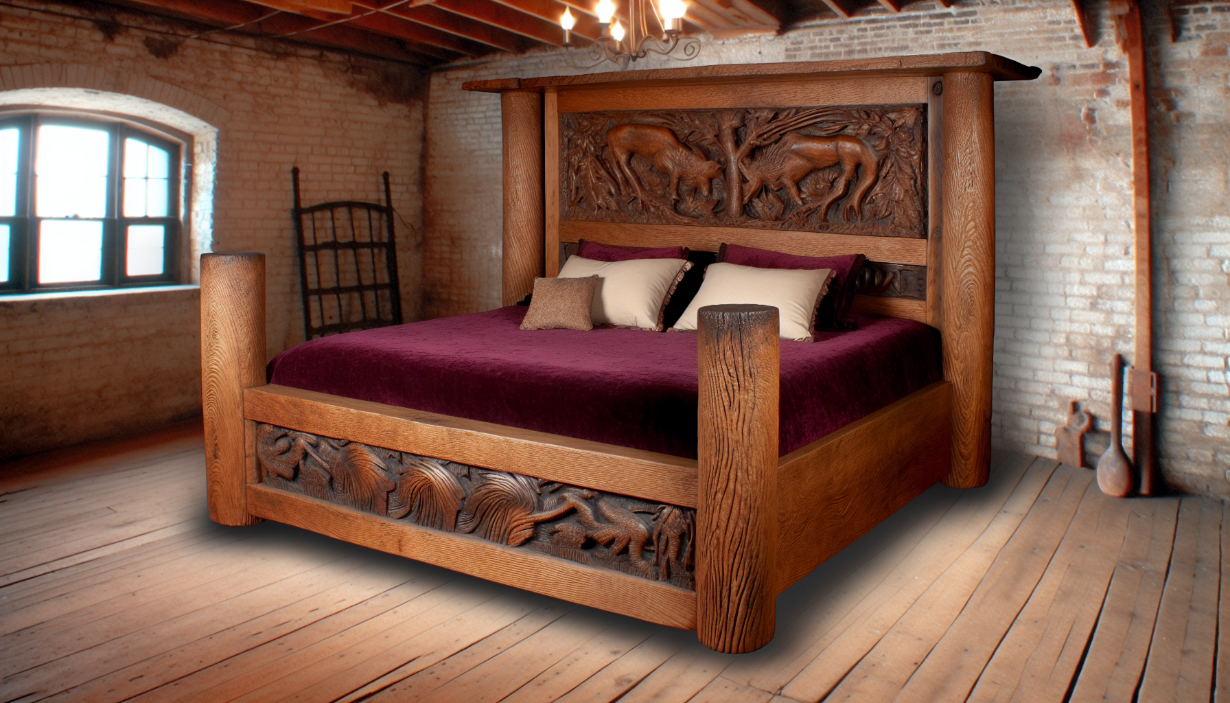 Visualisieren Sie ein massives Bett aus massivem Holz, gefertigt aus stark strukturiertem, altem Eichenholz. Das Bett hat vier robuste Pfosten, die jeweils kunstvoll mit abstrakten Formen geschnitzt sind. Das Kopfteil ist prÃ¤chtig und zeigt hochreliefierte Schnitzereien mit naturbezogenen Motiven wie BlÃ¤ttern, Ã„sten und VÃ¶geln im Flug. Die Plattform des Bettes ist stabil und robust und trÃ¤gt eine dicke, bequeme Matratze, die mit einer plÃ¼schigen Decke in sattem, tiefem Bordeauxrot bedeckt ist. GemÃ¼tliche Kissen liegen verstreut am Kopfende und laden zur Ruhe und Entspannung ein. Der Raum, der das Bett beherbergt, strahlt rustikalen Charme aus, mit nackten HolzbÃ¶den, freiliegenden ZiegelwÃ¤nden und sanfter, warmer Beleuchtung, die durch einen hÃ¤ngenden Kronleuchter aus Schmiedeeisen akzentuiert wird.