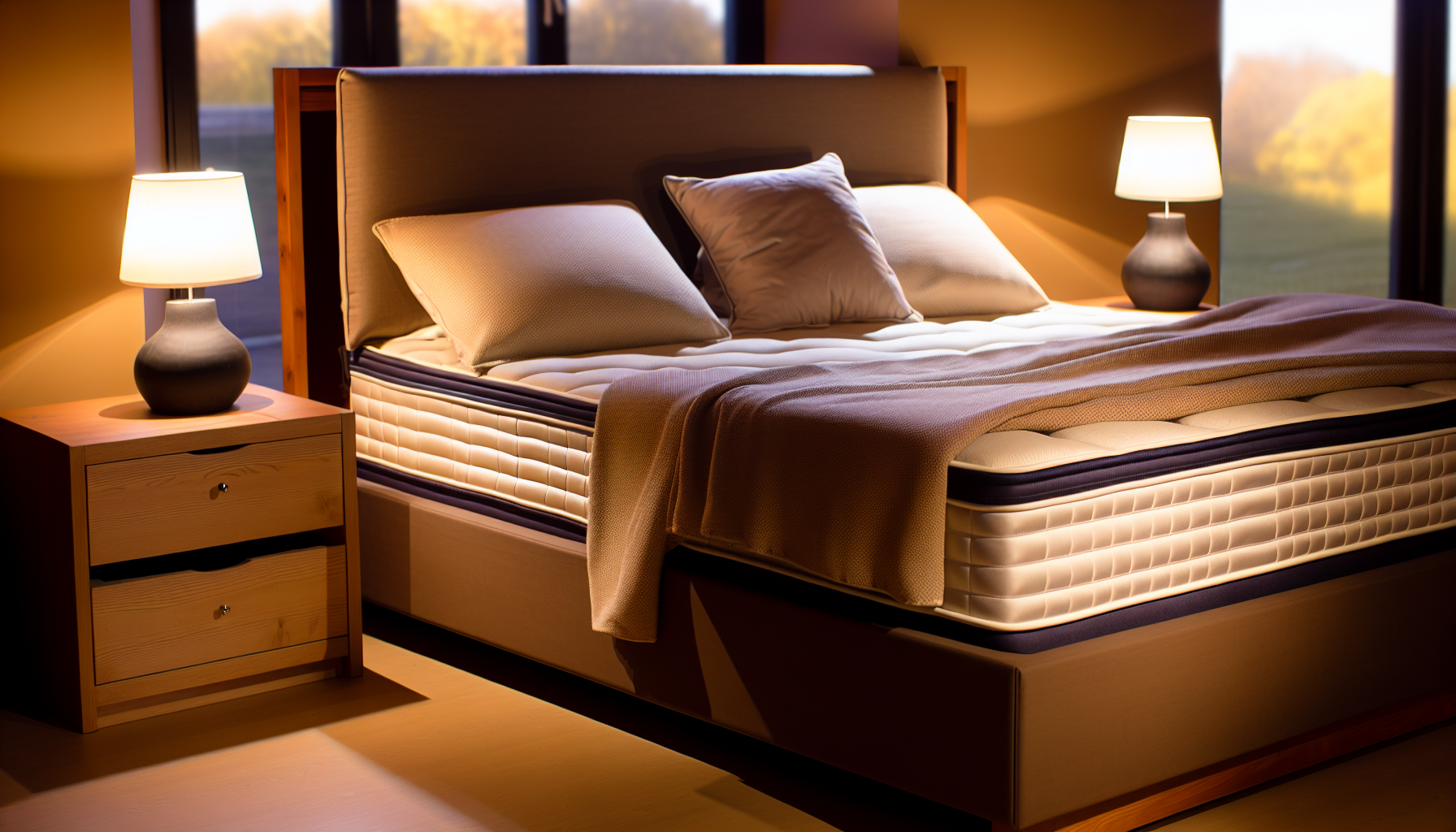 Ein gemütliches Boxspringbett befindet sich in einem warm beleuchteten Raum. Das Bett ist groß, mit einer weichen Matratze, die auf einem stabilen Boxspring liegt. Bequeme Kissen sind ordentlich am Kopfende angeordnet, und eine weiche, dicke Decke ist sanft über das Bett gelegt. Holz-Nachttische flankieren beide Seiten des Bettes, jeder mit einer beleuchteten Lampe und einem Buch, was auf eine friedliche Abendroutine hinweist. Im Hintergrund gibt es ein großes Fenster, das Lichtstrahlen hereinlässt und eine ruhige Atmosphäre im Raum schafft.