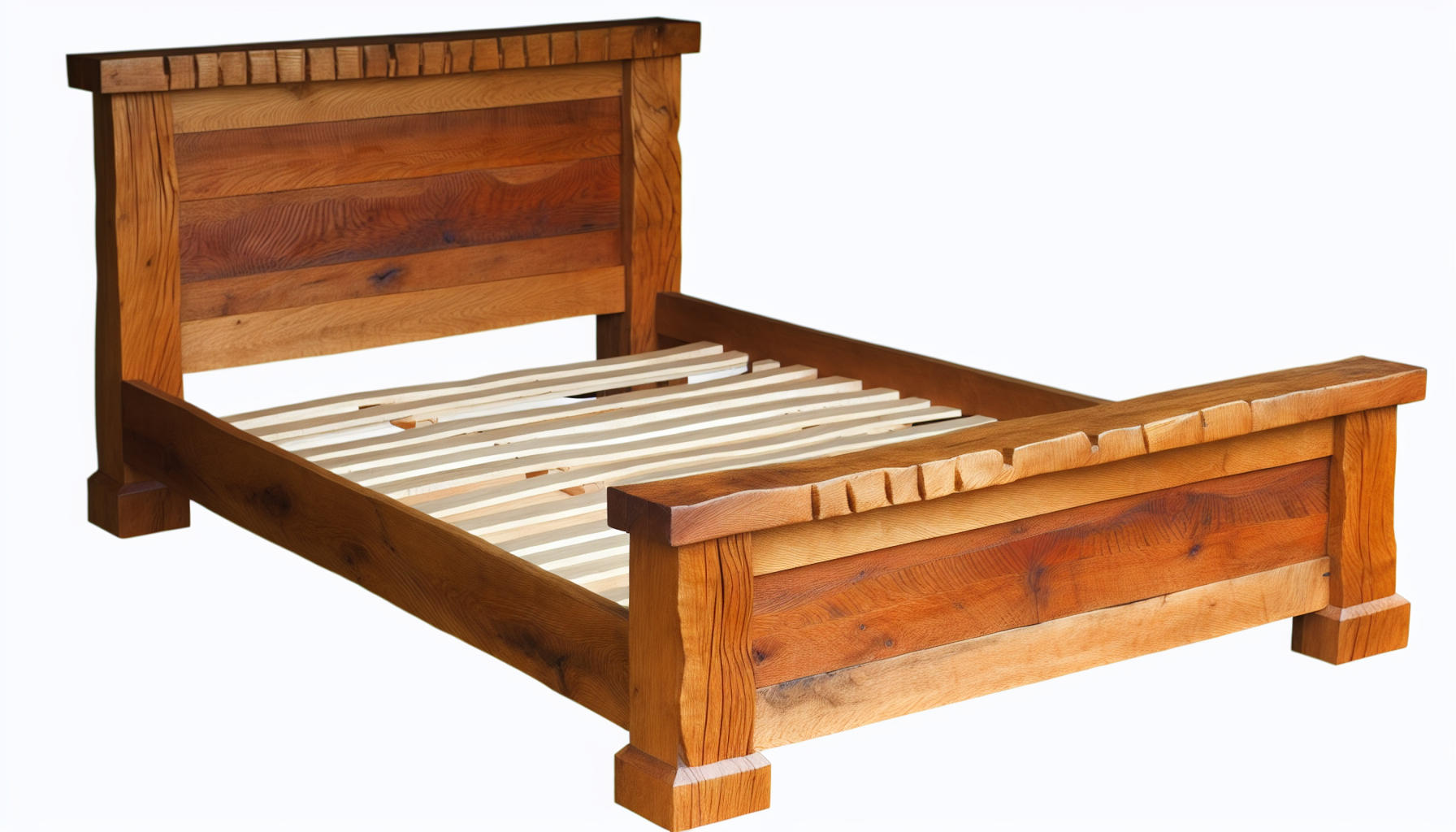 Ein robustes Holzbett aus massiven Holzplanken. Das Holz kÃ¶nnte Eiche sein und zeigt reichhaltige natÃ¼rliche Maserungsdetails. Sein leicht rustikaler Stil verleiht ihm ein erdiges und warmes GefÃ¼hl. Der Bettrahmen hat ein hohes Kopfteil mit eleganten Schnitzereien, die seine robuste Natur unterstreichen. Seine Form ist fast schlicht, strahlt jedoch Eleganz mit seiner meisterhaft bearbeiteten Handwerkskunst aus. Die Latten liegen gleichmÃ¤ÃŸig Ã¼ber den Rahmen und unterstÃ¼tzen die Matratze bequem. Es ist wahrhaft ein Beispiel fÃ¼r feine HolzmÃ¶bel.