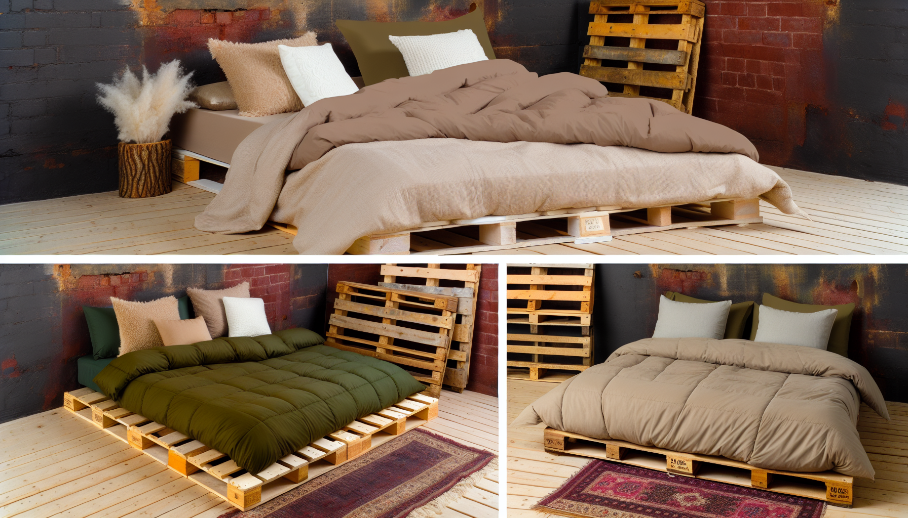 Ein Bild von Palettenbetten. Zeigen Sie ein Trio von Palettenbetten, die in einem gemÃ¼tlichen Raum angeordnet sind. Auf jedem Bett sollten weiche, einladende Bettwaren in ErdtÃ¶nen liegen. Ein Bett kann mit plÃ¼schigen beigen Decken bedeckt sein, ein anderes mit olivgrÃ¼nen Laken, und das dritte kann mit taupefarbenen Decken ausgestattet sein. FÃ¼gen Sie auch dekorative Kissen und ÃœberwÃ¼rfe hinzu, um Textur und WÃ¤rme zu verleihen. Stellen Sie sicher, dass rustikale Elemente im Raum enthalten sind, wie freiliegende ZiegelwÃ¤nde, HolzbÃ¶den und Vintage-Teppiche.