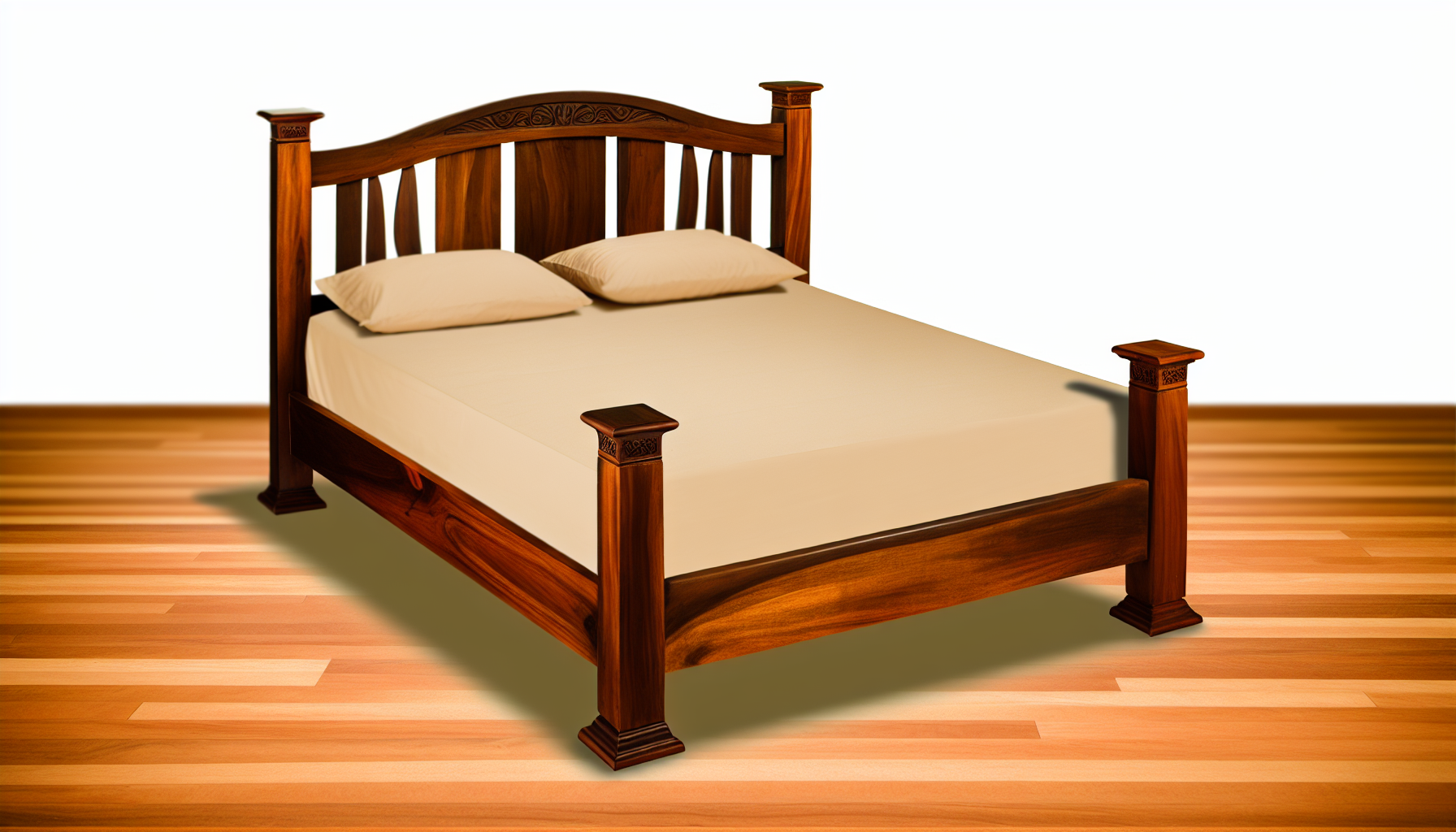 Visualisieren Sie ein Bett aus massivem Holz mit einem kunstvoll gestalteten Kopfteil und geschnitzten Bettpfosten. Der Bettrahmen sollte in einem dunklen Walnussfarbton gehalten sein, der an die Rinde eines reifen Baumes erinnert. Es steht stabil auf einem Holzboden. Die Maserung des Holzes sollte deutlich sichtbar sein und die Einzigartigkeit des StÃ¼cks unterstreichen. Ein helles Bettlaken ist Ã¼ber die Matratze gelegt und ergÃ¤nzt den dunklen Farbton des Bettrahmens. Die gesamte Szene strahlt eine beruhigende, friedliche und heimelige AtmosphÃ¤re aus. Das Spiel von Licht und Schatten sollte den Ã¼ppigen Charme der Szene verstÃ¤rken.