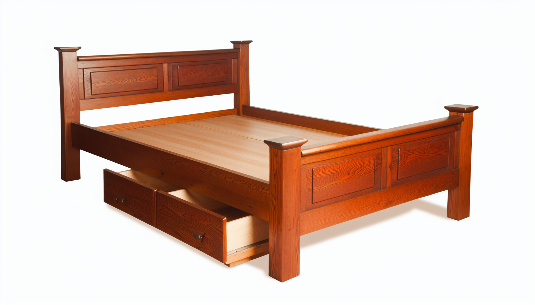 Ein Massivholzbett im typischen deutschen Design. Das Bett hat eine robuste Form und ist aus tiefem, reichhaltigem Mahagoni gefertigt. Das Kopfteil weist schlichte, aber elegante Schnitzereien auf, die einen Hauch von Raffinesse verleihen. Darunter befinden sich zwei Schubladen fÃ¼r zusÃ¤tzlichen Stauraum. Das Bett ist wunderschÃ¶n verarbeitet und zeigt die feine Holzmaserung sowie die hervorragende Handwerkskunst, die mit traditioneller deutscher MÃ¶belherstellung verbunden ist.