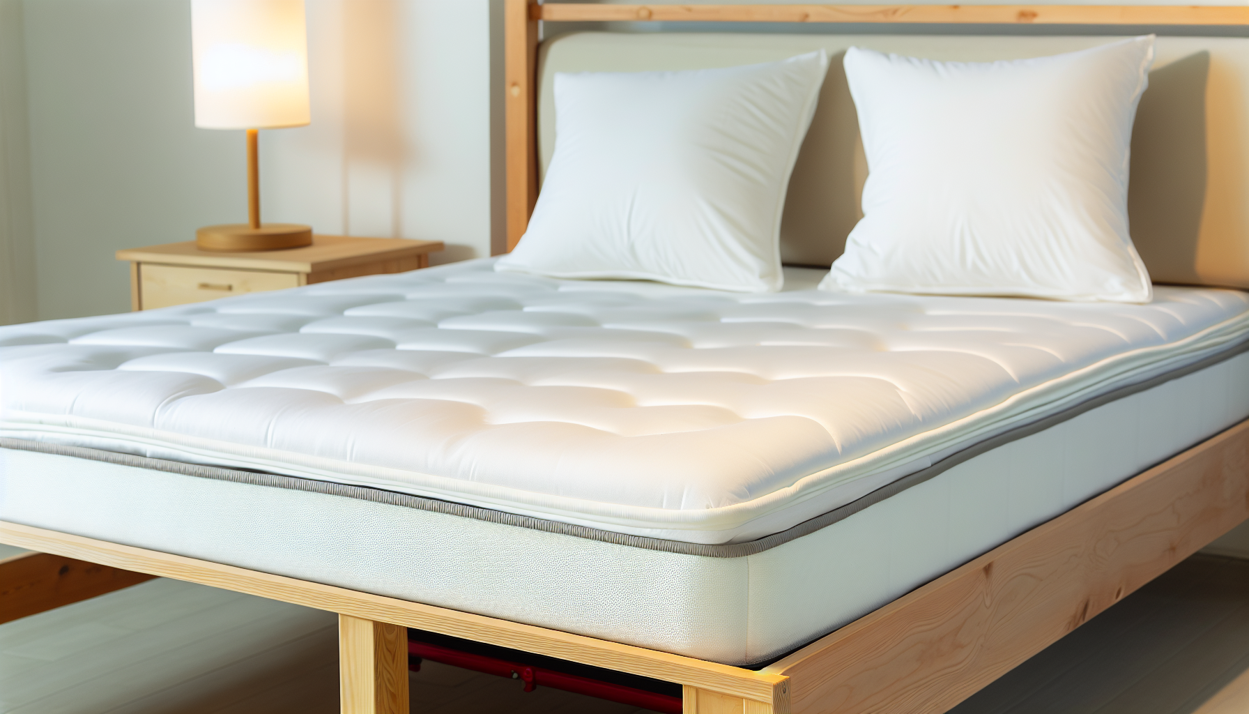 Eine detaillierte Ansicht eines Boxspringbettes, das in einem gerÃ¤umigen, gut beleuchteten Raum steht. Das Bett verfÃ¼gt Ã¼ber einen stabilen Holzrahmen, auf dem eine bequeme Matratze auf der Boxspring liegt. Es ist mit einem sauberen, weiÃŸen Leintuch bedeckt. Dicke, flauschige Kissen sind ordentlich am Kopfende angeordnet. Neben dem Bett steht ein Holznachttisch, auf dem eine Leselampe mit warmem Licht steht.