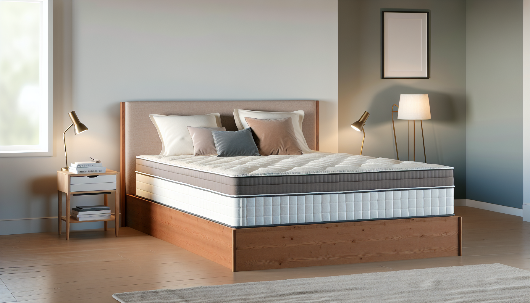 Ein Bild, das ein klassisches Boxspringbett in einem modernen Schlafzimmer zeigt. Das Bett sollte eine hochwertige, plüschige Matratze auf einer stabilen, hölzernen Boxspringstruktur haben, alles dekoriert mit einladender, gemütlicher Bettwäsche, einschließlich weicher Kissen, einer flauschigen Decke und einer ordentlich arrangierten Tagesdecke. Der Raum sollte gemütlich wirken mit sanfter, ambienter Beleuchtung und minimaler Einrichtung, einschließlich eines modernen Nachttischs mit einer Leselampe und einigen Büchern. Die Wände des Raumes können in einer beruhigenden Farbpalette gestrichen sein.