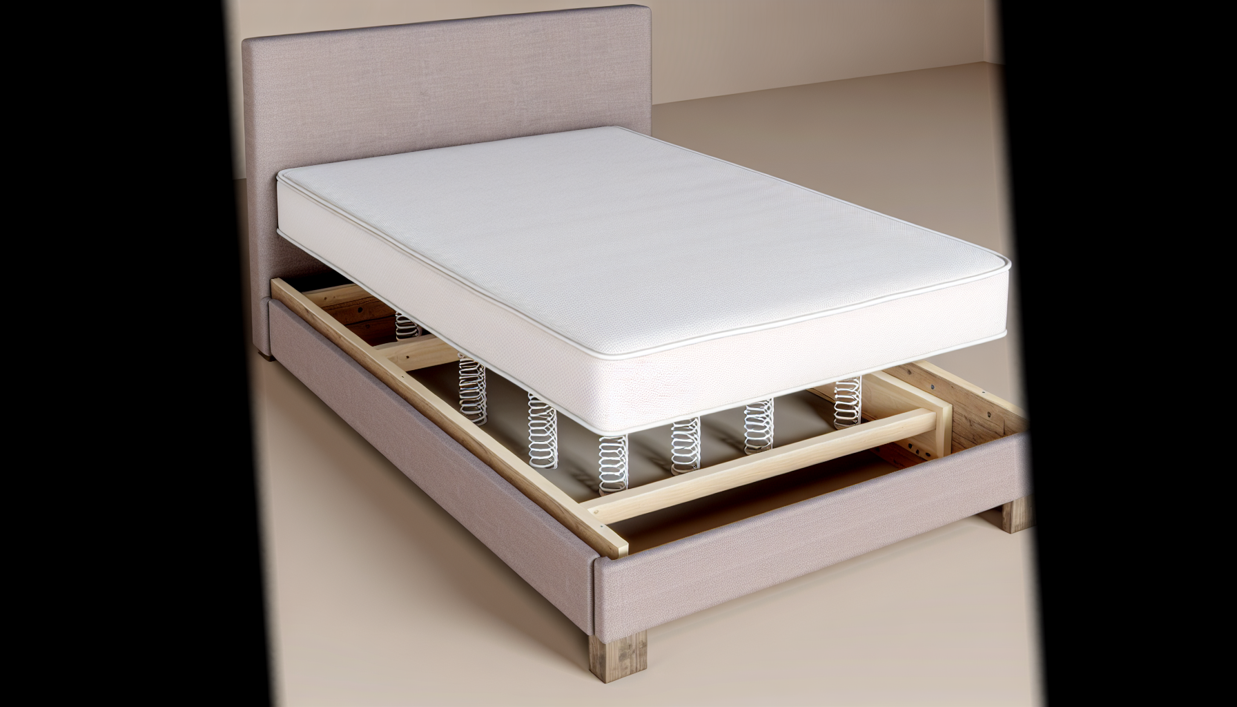 Eine detaillierte Visualisierung eines Boxspringbetts, einer Art von deutschem Bettdesign. Es besteht aus einem stabilen, mit Stoff bezogenen Bettgestell, das normalerweise aus Holz gefertigt ist und eine mit Federn gefÃ¼llte Matratzenbox enthÃ¤lt. Ãœber der Box befindet sich eine bequeme, dicke Matratze, die eine glatte SchlafoberflÃ¤che bietet. Die gesamte Ã„sthetik ist minimalistisch und schlank. Das Bettgestell und die Matratze sind geschmackvoll mit einem neutralen Stoff bezogen. Dieses Bild sollte in einer sanft beleuchteten, gemÃ¼tlichen Schlafzimmerumgebung gesetzt sein, die das Wesen von Stil und Komfort einfÃ¤ngt.