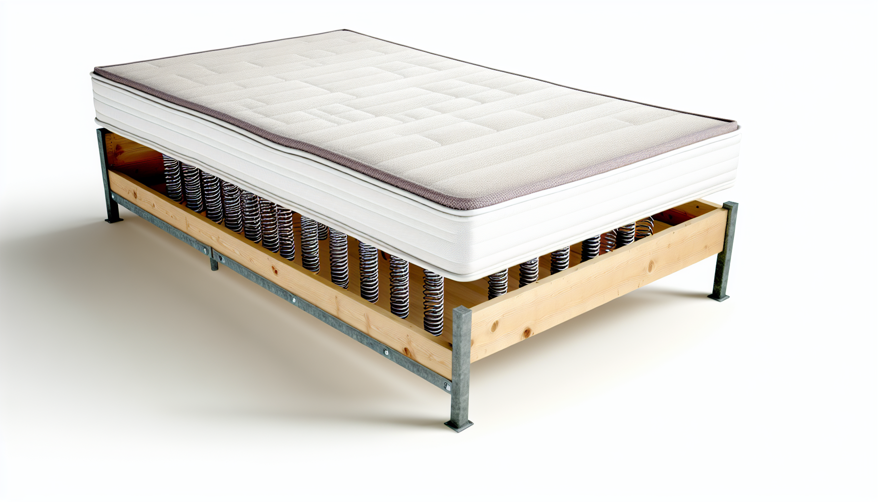 Ein Bild eines Boxspringbetts, das der deutsche Begriff fÃ¼r ein Boxspringbett ist. Es handelt sich um ein Bettdesign, das einen stabilen Holz- oder Metallrahmen mit Federn im Inneren aufweist, der typischerweise mit einer bequemen Matratze bedeckt ist. Der Rahmen ist rechteckig, robust, aus hochwertigen Materialien gefertigt und steht direkt auf dem Boden. Die Federn im Inneren des Rahmens bieten eine gute Federung und UnterstÃ¼tzung fÃ¼r die Matratze, was den Gesamtschlafkomfort des Bettes erhÃ¶ht. Die darauf liegende Matratze ist plÃ¼schig und gemÃ¼tlich und lÃ¤dt zu einem erholsamen Schlaf ein.
