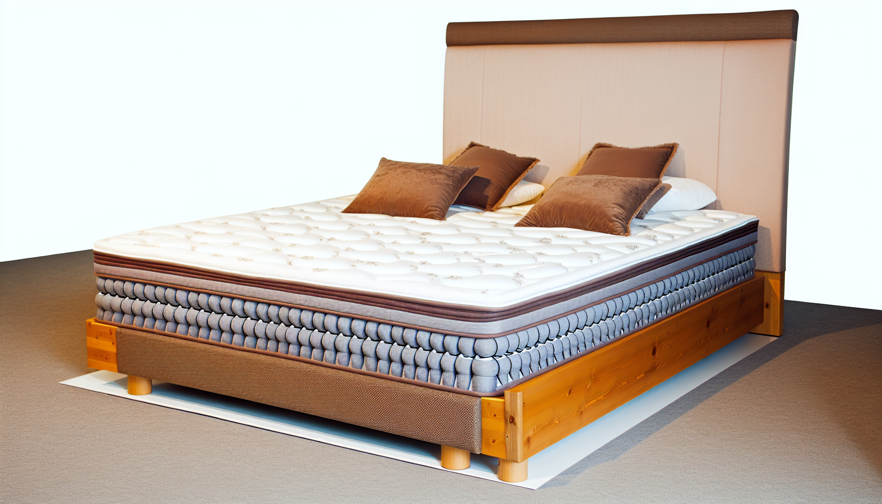 Ein Boxspringbett, auch bekannt als Boxspringbett, dominiert die Umgebung. Es zeigt einen robusten Holzrahmen, der eine opulente Matratze stÃ¼tzt, die typischerweise aus Federn besteht, um zusÃ¤tzlichen Komfort zu bieten. Ein passendes Kopfteil ragt nach oben und ist mit einem Stoffbezug versehen, der zur Ã„sthetik des umgebenden Raumes passt. Das Bett ist ordentlich gemacht, mit einer flauschigen Bettdecke und passenden, plÃ¼schigen Kissen, die ordentlich auf der Matratze angeordnet sind und zur Entspannung und Erholung einladen. Das Bett steht auf stabilen Beinen, eine Hommage an seine deutschen Wurzeln und das effiziente Design.