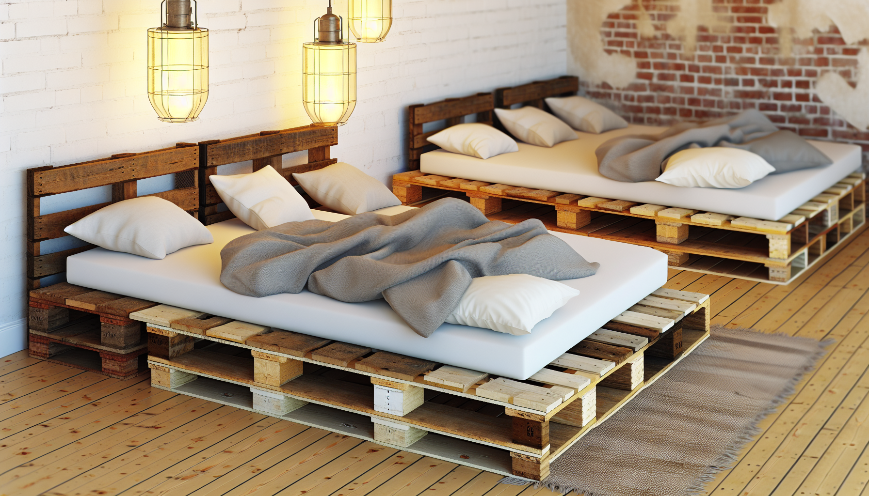 Stellen Sie sich einen Raum vor, der mit Palettenbetten eingerichtet ist. Diese Betten bestehen aus wiederverwendeten Holzversandpaletten, was ihnen einen DIY-Charme und rustikalen Charakter verleiht. Sie sind in einem warmen Braunton gebeizt und mit plÃ¼schigen weiÃŸen Matratzen ausgestattet, die einen starken Kontrast bilden. GemÃ¼tliche graue Decken und unterschiedlich gestaltete Kissen tragen zum Komfort bei. Der Raum selbst hat weiÃŸ getÃ¼nchte ZiegelwÃ¤nde und einen Holzboden mit einem Vintage-Teppich. Er strahlt eine einladende, entspannte AtmosphÃ¤re aus, mit sanftem gelbem Licht, das von einer hÃ¤ngenden, industriell-chicen Metalllampe ausgeht.