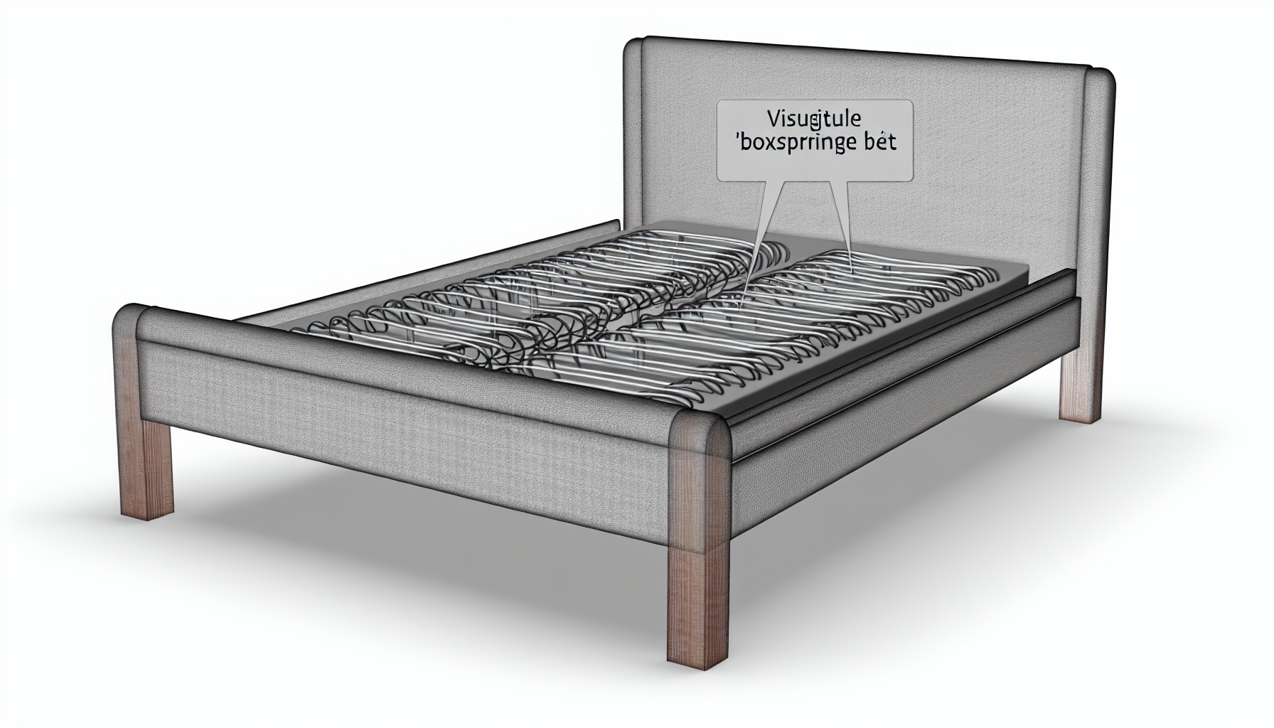 Stellen Sie sich ein traditionelles Boxspringbett vor, das in Deutschland als 'Boxspringbett' bekannt ist. Es verfügt über einen stabilen Holz- oder Metallrahmen, eine Federkernmatratze für zusätzlichen Komfort und ein weiches Kopfteil zur Unterstützung. Die gesamte Struktur ist oft mit einem eleganten Stoff gepolstert, der zur ästhetischen Anziehungskraft des Bettes beiträgt. Typischerweise steht das Bett auf vier robusten Beinen, die es vom Boden abheben und dem Raum ein Gefühl von Weite verleihen.