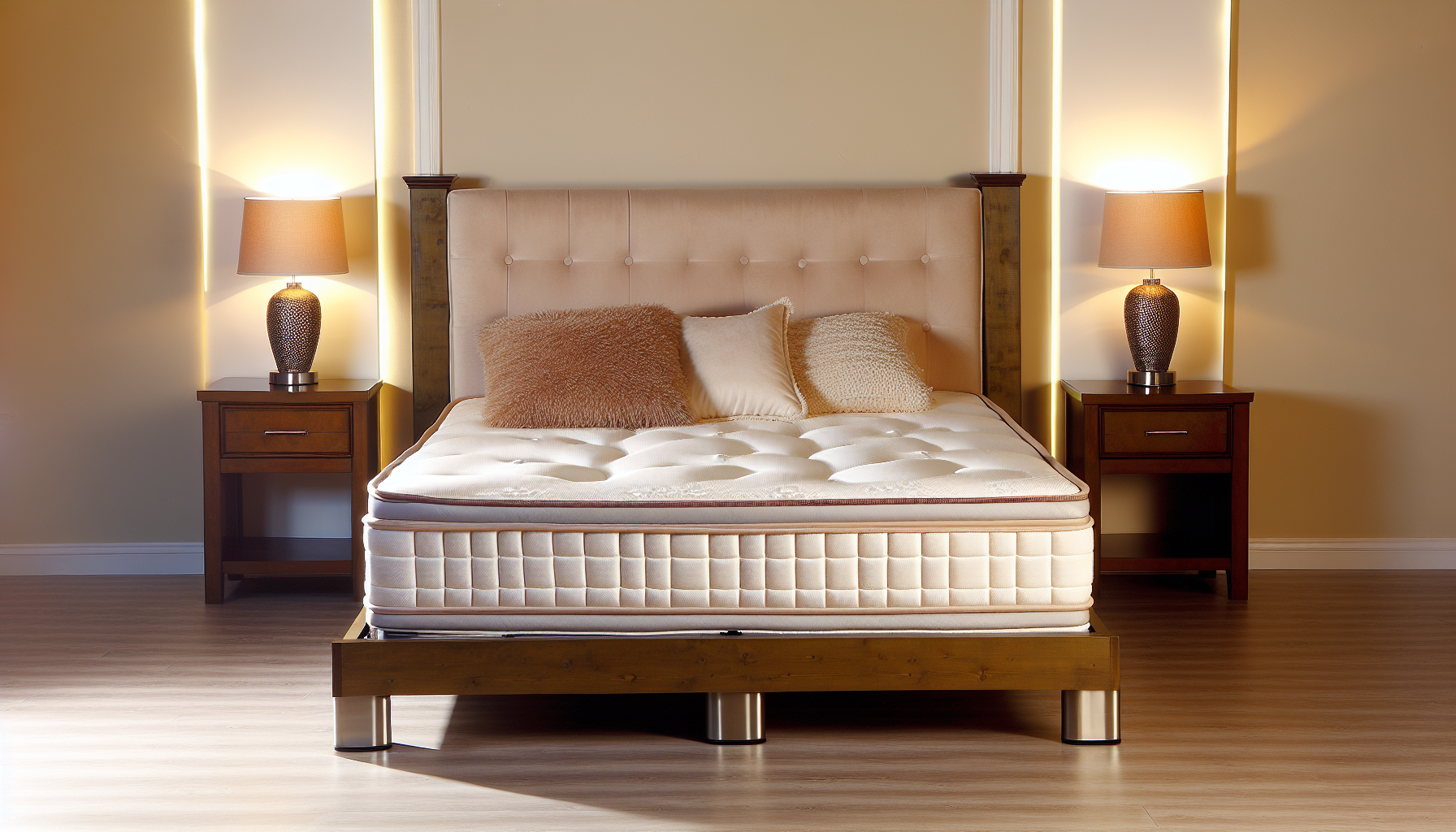 Ein Bild eines gut gestalteten Boxspringbettes, das in einem geschmackvoll dekorierten Raum steht. Das Bett verfÃ¼gt Ã¼ber einen hochwertigen Holzrahmen und eine plÃ¼schige Matratze, begleitet von weichen, flauschigen Kissen und einer warmen, strukturierten Decke. Die Umgebung des Raumes strahlt eine komfortable, gemÃ¼tliche AtmosphÃ¤re aus, mit cremefarbenen WÃ¤nden, HolzbÃ¶den und stilvollen Nachttischen auf jeder Seite des Bettes, die mit modernen Lampen geschmÃ¼ckt sind. Die Beleuchtung im Raum ist dezent beruhigend und schafft eine einladende und erholsame Umgebung.