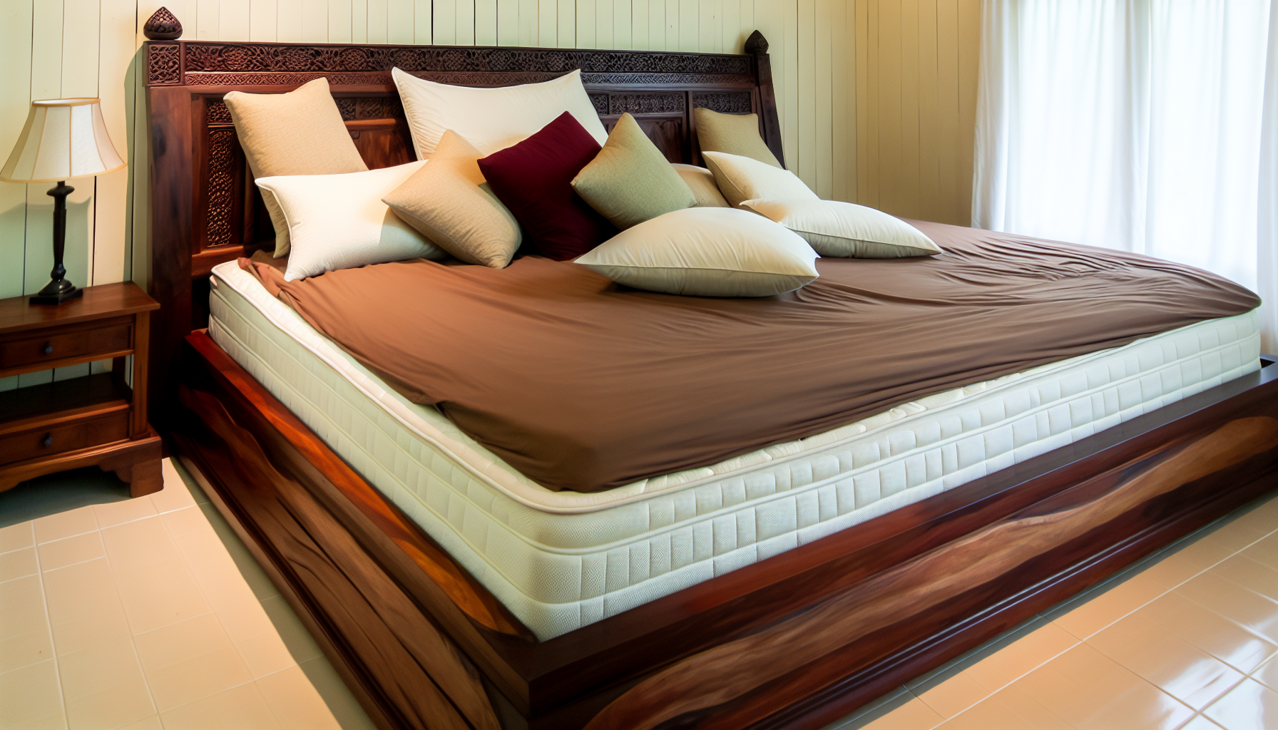 Ein groÃŸes, massives Holzbett mit einem kunstvoll geschnitzten Kopfteil. Das Holz ist reich und dunkel, was auf ein robustes und langlebiges Design hinweist. Das Bett ist aerodynamisch niedrig zum Boden gesetzt, mit einer plÃ¼schigen und einladenden Matratze darauf. GemÃ¼tliche, komfortable BettwÃ¤sche und eine Sammlung von weichen Kissen in verschiedenen Formen und GrÃ¶ÃŸen sind ordentlich darauf arrangiert. Die AtmosphÃ¤re ist ruhig und entspannend, was das Wesen eines friedlichen Schlafzimmers vervollstÃ¤ndigt. Die WÃ¤nde des Raumes sind in einer hellen Farbe gestrichen, die wunderschÃ¶n mit dem dunklen Ton des Bettes kontrastiert.