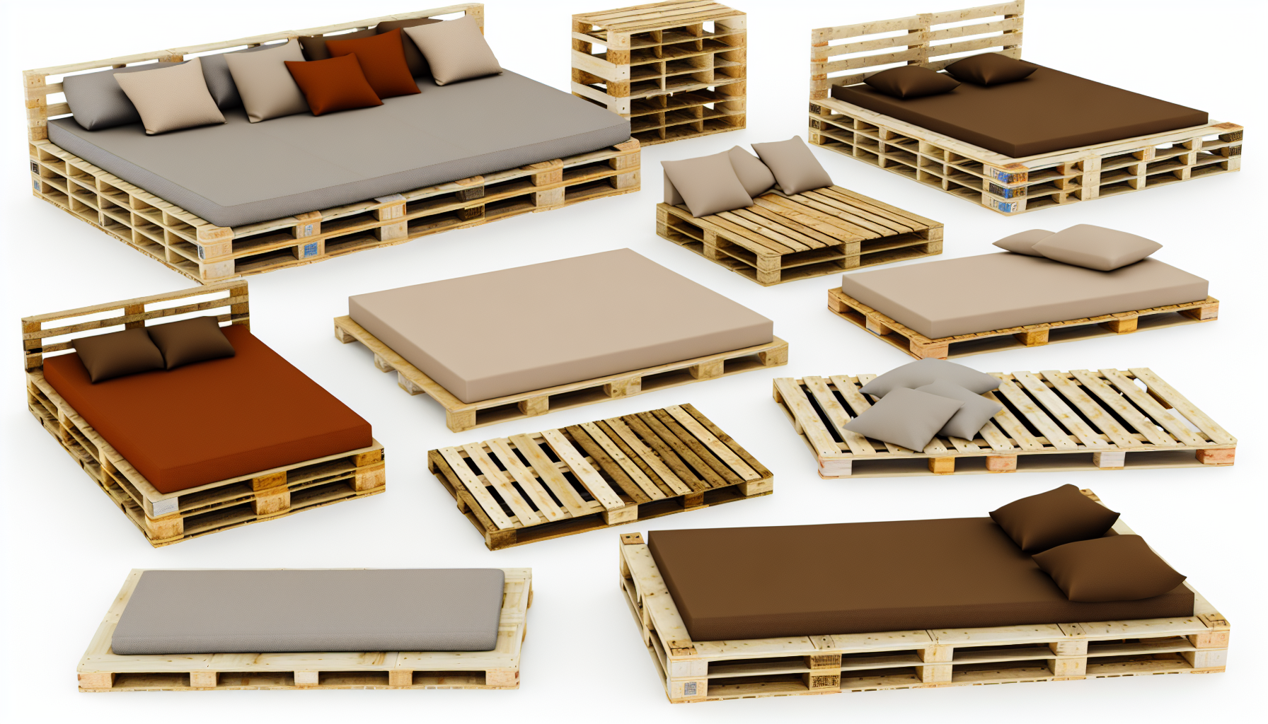 Visualisieren Sie eine Anordnung von Palettenbetten. Diese einzigartigen MÃ¶belstÃ¼cke bestehen aus wiederverwendeten Holzpaletten und werden hÃ¤ufig im minimalistischen oder industriellen Chic-Interior-Design verwendet. Das Bild sollte eine Vielzahl von Palettenbetten in unterschiedlichen Stilen und Arrangements zeigen. Einige kÃ¶nnten integrierte StauraumlÃ¶sungen haben, wÃ¤hrend andere erhÃ¶ht sind, um einen loftartigen Effekt zu erzielen. Einige kÃ¶nnten mit bequemen Matratzen und weicher BettwÃ¤sche in warmen, gemÃ¼tlichen FarbtÃ¶nen ausgestattet sein, wÃ¤hrend andere mit schlichten, eleganten Laken fÃ¼r einen modernen Look prÃ¤sentiert werden. Bitte betonen Sie die natÃ¼rlichen Texturen und Muster des wiederverwendeten Holzes in diesen Designs.