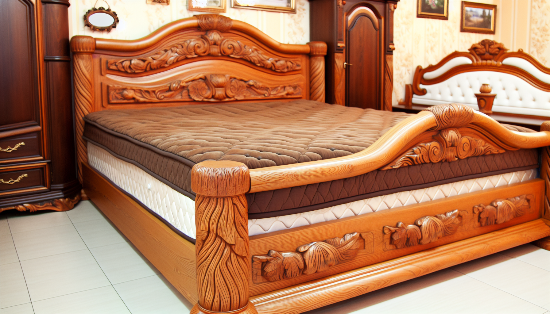 Ein groÃŸes, kunstvoll geschnitztes Bettgestell aus massivem Holz. Das Design des Rahmens ist reich verziert und verleiht dem gesamten StÃ¼ck einen zeitlosen und eleganten Charme. Die Holzmaserung ist deutlich sichtbar und betont die natÃ¼rliche SchÃ¶nheit und AuthentizitÃ¤t der verwendeten Materialien. Das Bett wird mit einer dicken, plÃ¼schigen Matratze geliefert, die einen komfortablen Schlaf verspricht. Die Bettdecke ist reich gepolstert und ergÃ¤nzt den robusten Rahmen mit ihrer Weichheit. PlÃ¼schige Kissen in verschiedenen GrÃ¶ÃŸen sind ordentlich angeordnet und verleihen dem Bett ein einladendes Aussehen. Das Bett ist zentral in einem geschmackvoll dekorierten Raum positioniert, der eine warme und einladende AtmosphÃ¤re ausstrahlt.