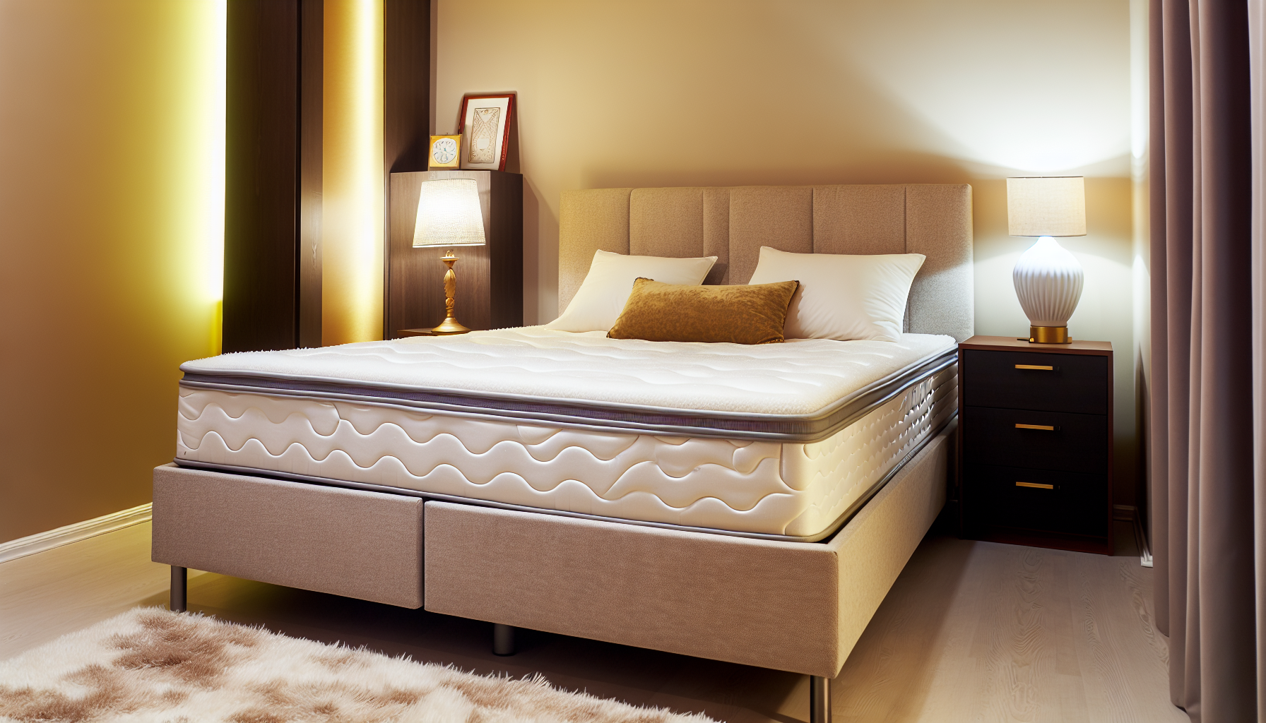 Ein komfortables Boxspringbett in einem gut dekorierten Schlafzimmer. Der Raum verfÃ¼gt Ã¼ber warmes, sanftes Licht und ein einfaches, aber luxuriÃ¶ses Dekorationsschema. Das Bett hat flauschige Kissen und eine weiche, plÃ¼schige Decke. Dekorative Elemente wie ein Nachttisch mit einer klassischen Tischlampe, ein weicher Teppich unter dem Bett, ein eleganter Holzschrank und einige Wandkunstwerke verleihen dem Raum eine heimelige AtmosphÃ¤re.