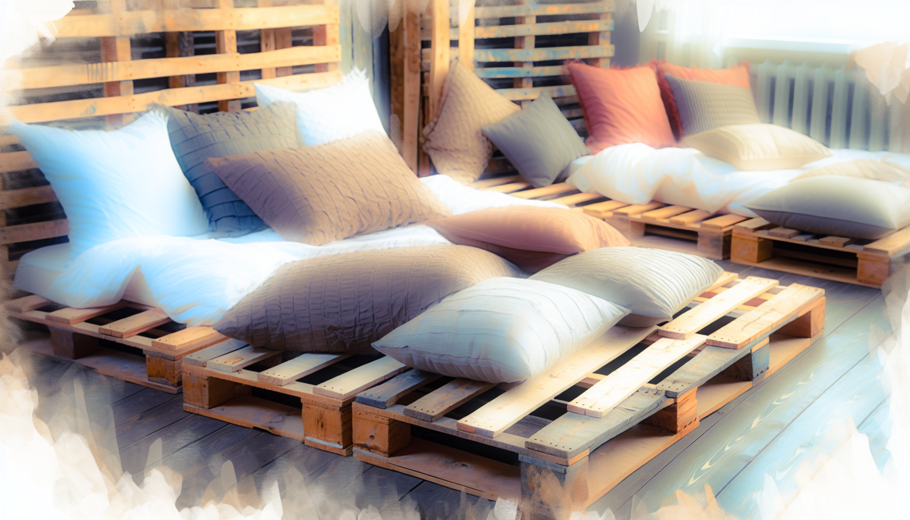 Ein kÃ¼nstlerisches Bild von Palettenbetten, die in einem gemÃ¼tlichen Schlafzimmer angeordnet sind. Die Palettenbetten bestehen aus recycelten Holzpaletten und sind individuell gestaltet, um rustikale SchÃ¶nheit zu zeigen. Sie sind mit verschiedenen BettwÃ¤sche-Stilen ausgestattet, darunter einige mit warmen, einladenden Farben und andere mit neutralen, beruhigenden TÃ¶nen. Geschickt angeordnete Kissen verleihen den Betten Komfort und Stil. Sanftes, ambientes Licht strÃ¶mt durch ein Fenster und trÃ¤gt zur ruhigen und friedlichen AtmosphÃ¤re im Raum bei.