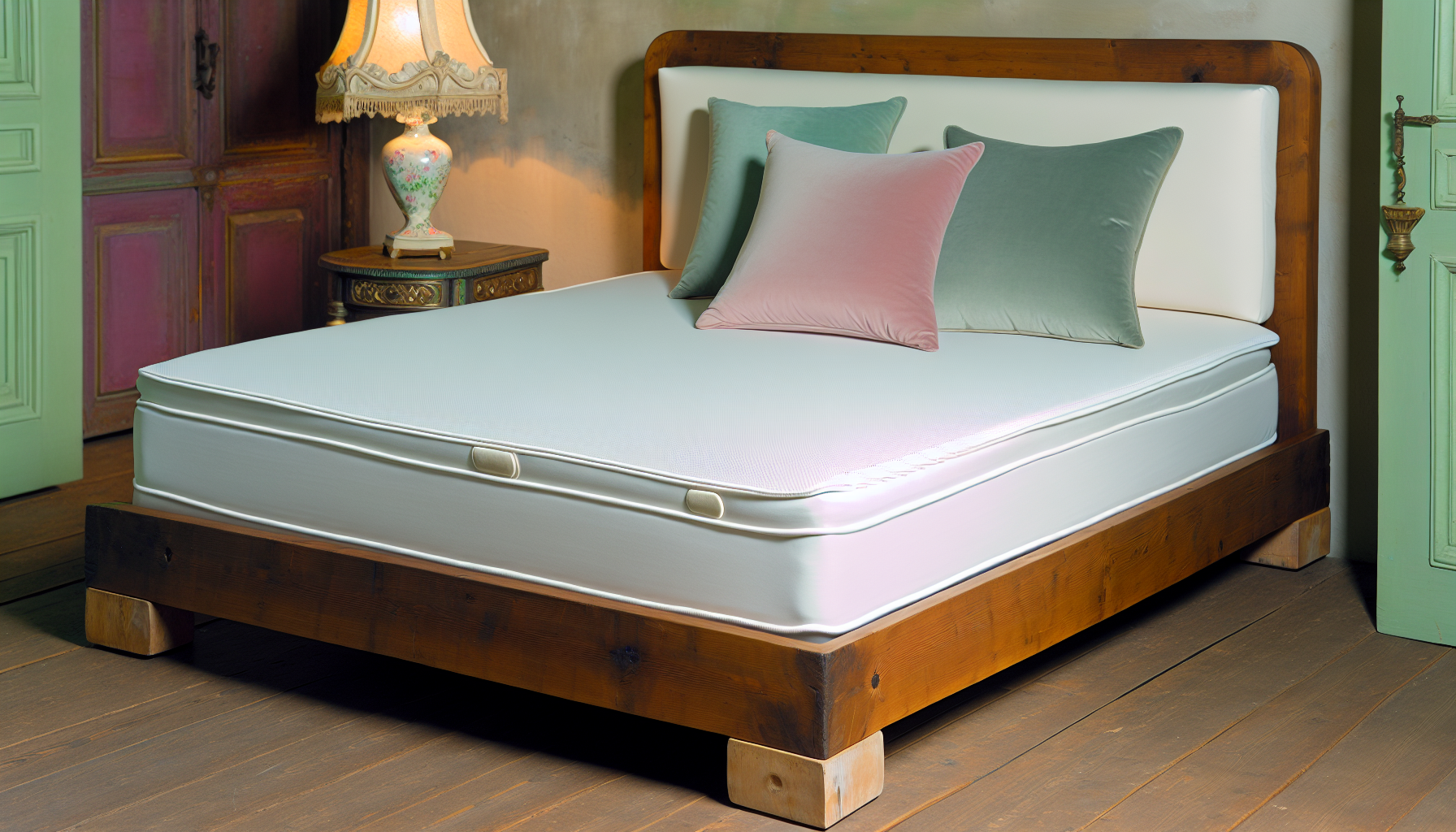 Ein Boxspringbett, bekannt als 'Boxspringbett' auf Deutsch, steht elegant in einem Raum. Das Bett ist luxuriös mit frischen weißen Bettlaken bedeckt und hat eine einladend weiche Matratze. Der Bettrahmen besteht aus robustem Holz und hat charmante quadratische Beine. Auf dem Bett liegen ein paar plüschige, pastellfarbene Kissen ordentlich platziert, die eine zusätzliche Komfort- und visuelle Anziehungskraft bieten. Der Raum vereint ländliche und rustikale Stile, mit sanften Farbtönen an den Wänden und einem Holzboden. Eine kunstvolle Vintage-Lampe auf einem Nachttisch beleuchtet den Raum warm.