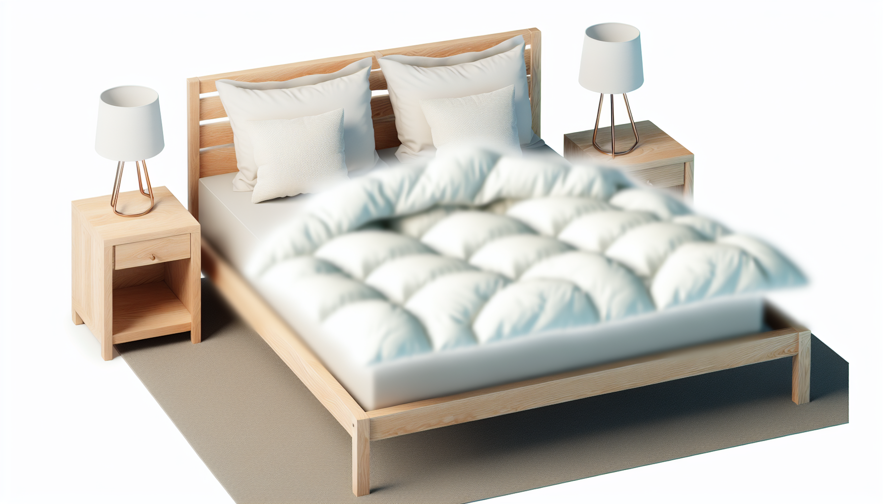 Stellen Sie sich ein Boxspringbett vor, makellos gemacht, mit flauschigen, weiÃŸen Kissen und einer gemÃ¼tlichen, warmen Bettdecke, die darÃ¼ber liegt. Das Bett hat ein modernes Design, mit einem hellen Holzrahmen und Beinen. Die Matratze ist dick und bietet extremen Komfort. Auf einer Seite steht ein Nachttisch aus demselben hellen Holz, mit einer Ã¤sthetisch ansprechenden Tischlampe, die ausreichend Licht fÃ¼r das Lesen vor dem Schlafengehen bietet.
