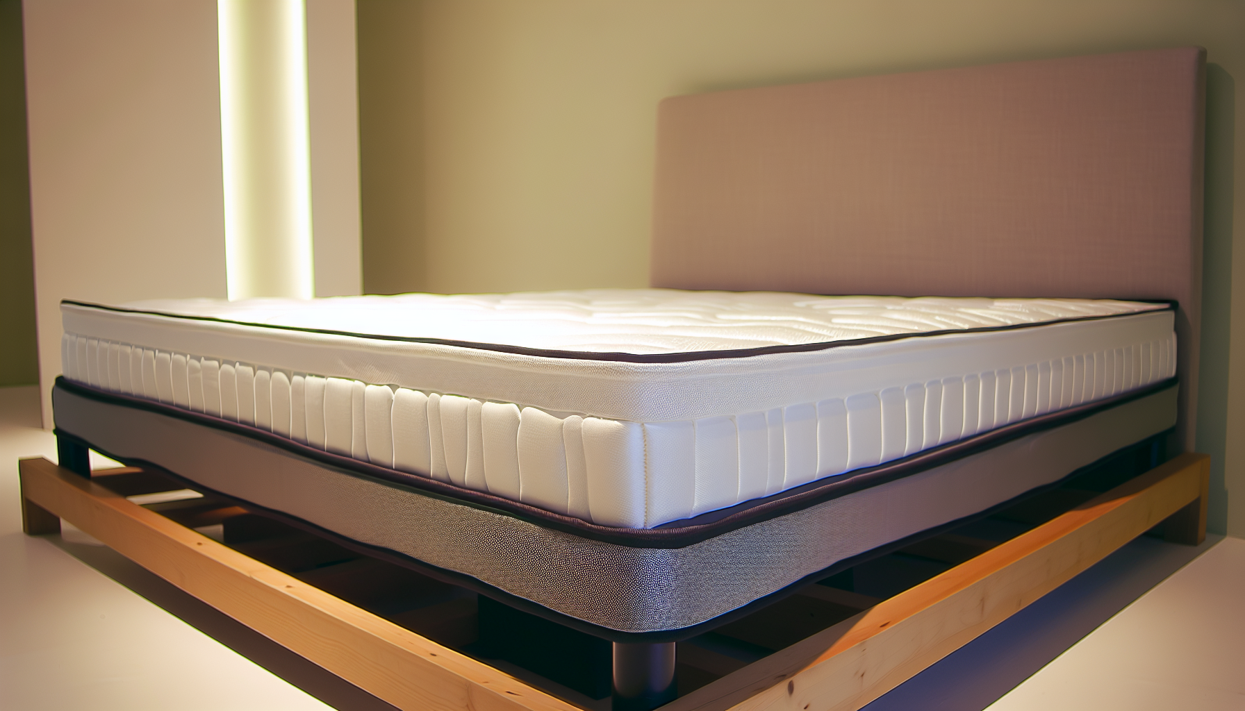 Stellen Sie sich ein luxuriÃ¶s bequemes Boxspringbett vor. Dieses Bett verfÃ¼gt Ã¼ber einen stabilen Holz- oder Metallrahmen, der mit einem weichen, aber strapazierfÃ¤higen Stoff bezogen ist. Die Matratze wird von einem speziell gestalteten Boxspring-Untergestell unterstÃ¼tzt, das StÃ¶ÃŸe absorbiert und ein sanfteres GefÃ¼hl bietet. Die Matratze ist plÃ¼schig und bietet ein unvergleichliches MaÃŸ an Komfort fÃ¼r eine erholsame Nachtruhe. Das Bett steht in einem minimalistischen und gut beleuchteten Raum mit hellen WÃ¤nden, die eine ruhige und friedliche AtmosphÃ¤re schaffen. Das Bild ist eine Nahaufnahme, die die Details und Feinheiten des Boxspringbettes betont.