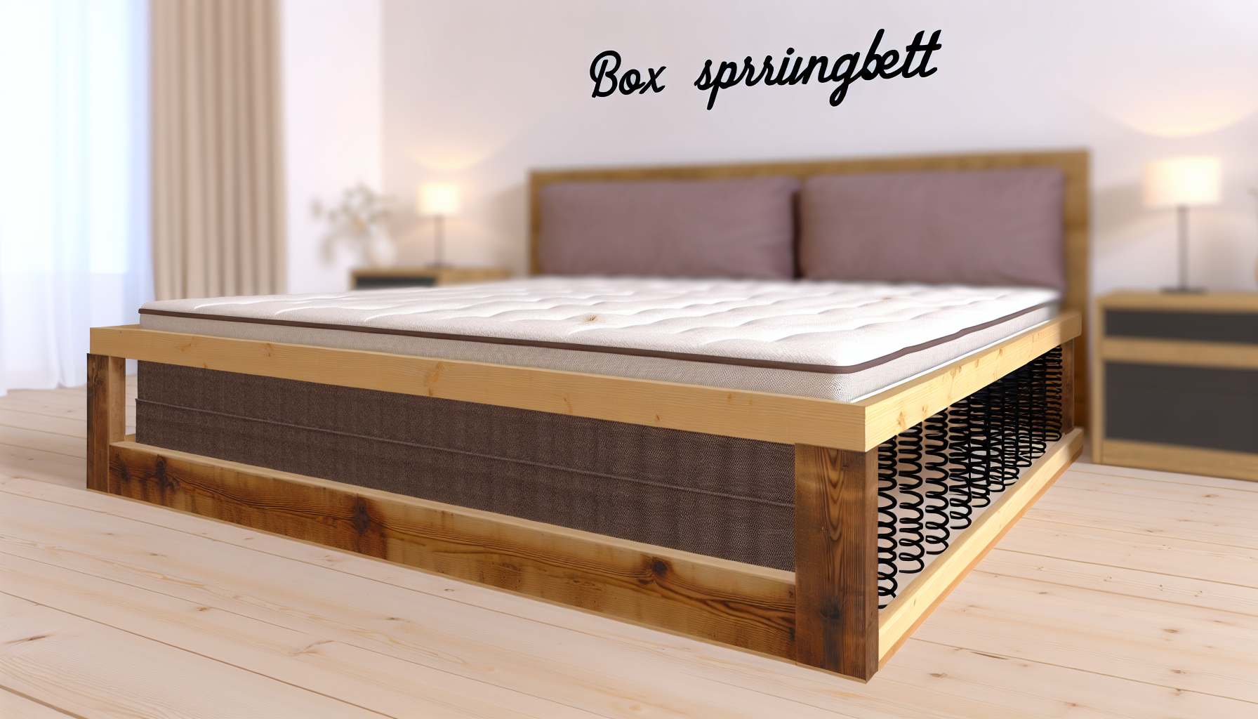 Stellen Sie sich ein Boxspringbett vor, das aus einem stabilen Holzrahmen besteht, der mit Stoff bezogen ist und Federn enthÃ¤lt. Dieses Bett bietet eine robuste und stabile UnterstÃ¼tzung fÃ¼r die darauf liegende Matratze. Es steht moderat hoch Ã¼ber dem Boden und verleiht dem Raum eine elegante Note. Der Holzrahmen kÃ¶nnte in dunklen FarbtÃ¶nen gestrichen sein, was einen schÃ¶nen Kontrast zum hellen Stoffbezug bildet. Das Bett kÃ¶nnte in einem Raum platziert sein, der mit warmen und gemÃ¼tlichen Interieurs gestaltet ist, wobei sanftes, ambientes Licht die komfortable und einladende Erscheinung des Bettes unterstreicht.