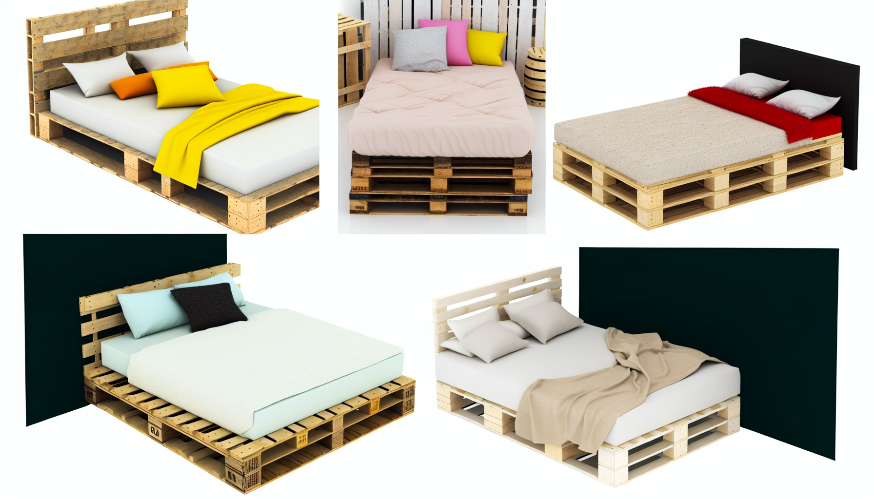 Ein Bild, das eine Vielzahl von Palettenbetten in verschiedenen Designs und Stilen zeigt. Einige der Betten sind mit bequemer BettwÃ¤sche und bunten Kissen arrangiert. Andere werden in minimalistischeren Umgebungen mit einfachen, weiÃŸen Bettlaken prÃ¤sentiert. Alle Betten bestehen aus Holzpaletten und zeigen die nachhaltige und einzigartige Natur von PalettenmÃ¶beln.