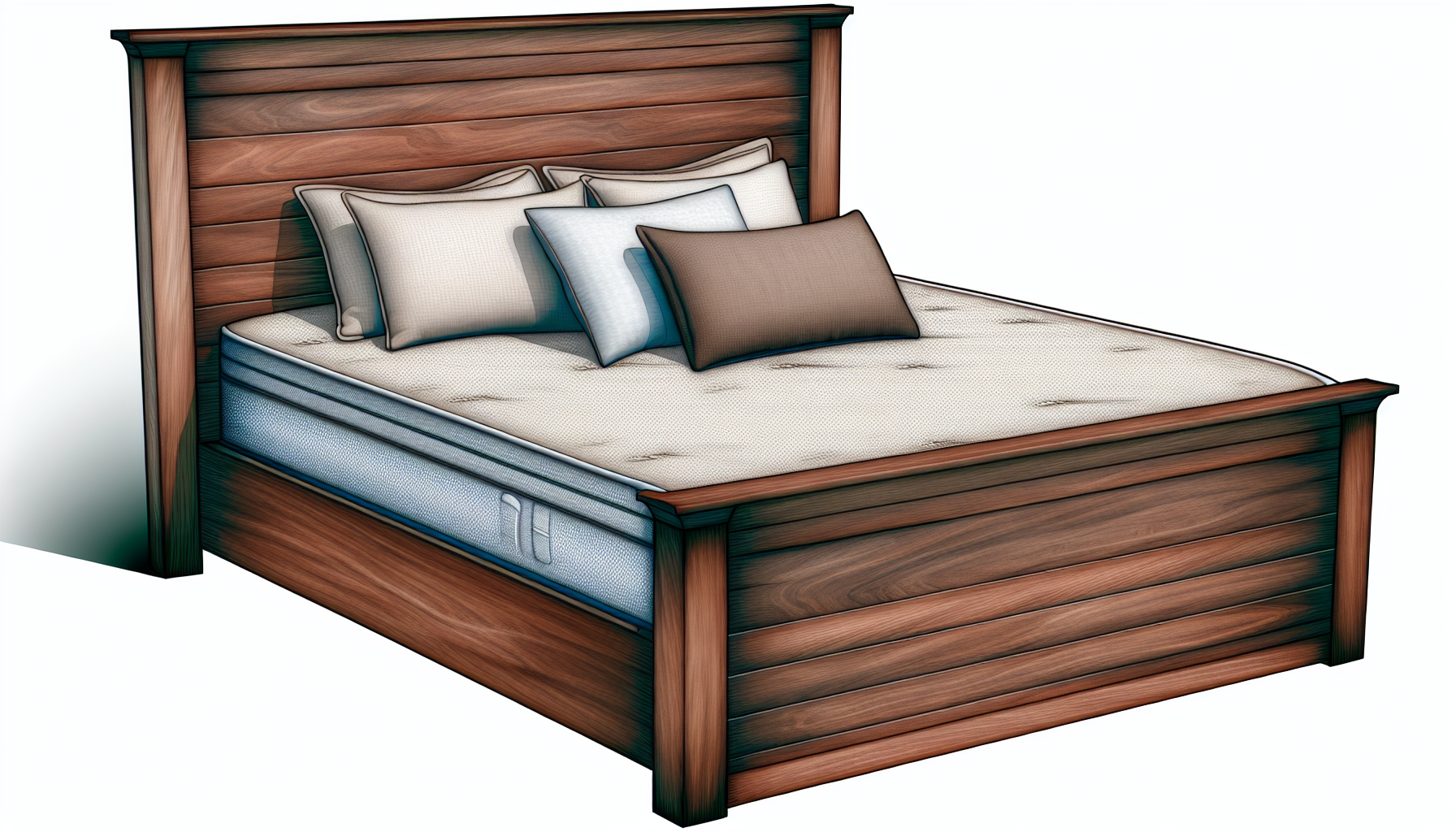 Eine detaillierte Darstellung eines Massivholzbett. Das Design ist modern, mit einem stabilen Rahmen aus reichhaltigem, dunklem Hartholz. Das Kopfteil ist kunstvoll geschnitzt und zeigt geschickte Handwerkskunst. Das Bett ist mit einer plÃ¼schigen, bequemen Matratze ausgestattet, die mit hochwertiger BettwÃ¤sche bezogen ist und eine einladende AtmosphÃ¤re schafft. ErgÃ¤nzende Kissen, die am Kopfende gestapelt sind, sowie eine gemÃ¼tliche Decke, die ordentlich am FuÃŸende des Bettes liegt, tragen zur GesamtÃ¤sthetik bei. Die Szene vermittelt eine ruhige und friedliche AtmosphÃ¤re, die typisch fÃ¼r ein gut eingerichtetes Schlafzimmer ist.